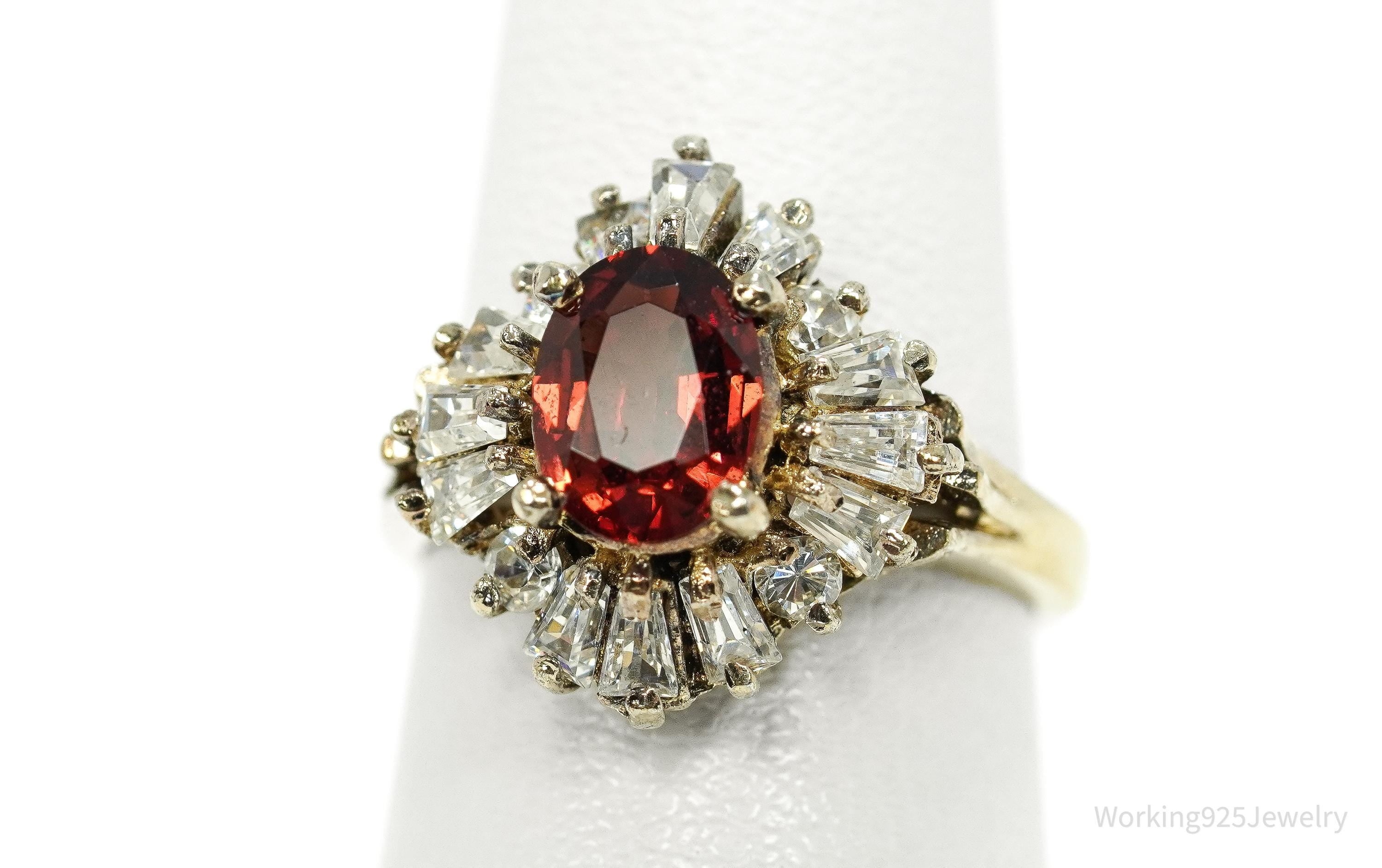 Vintage Garnet & Cubic Zirconia Gold Over Sterling Silver Ring Size 5.75