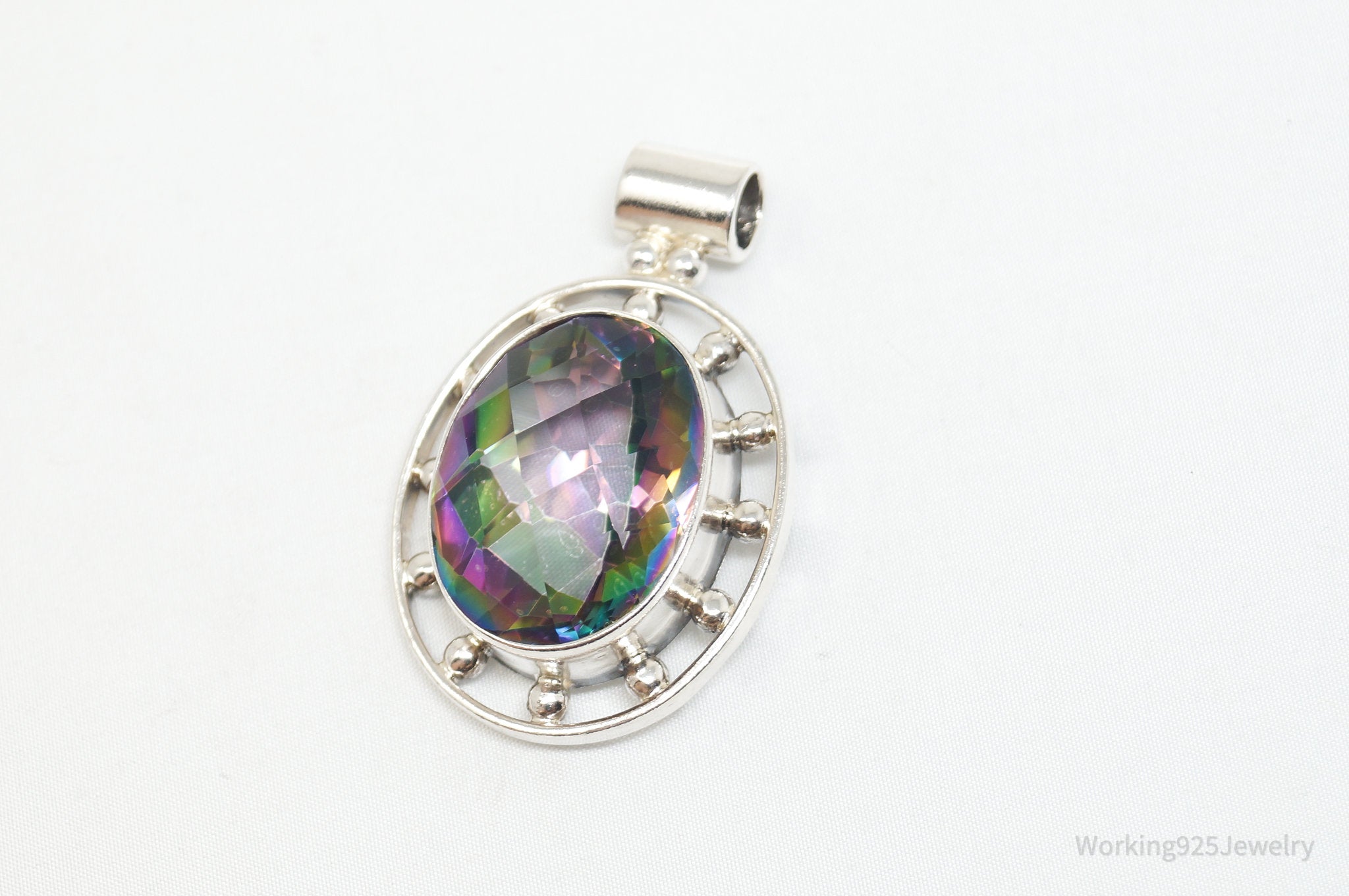 Vintage Large Mystic Topaz Sterling Silver Necklace Pendant
