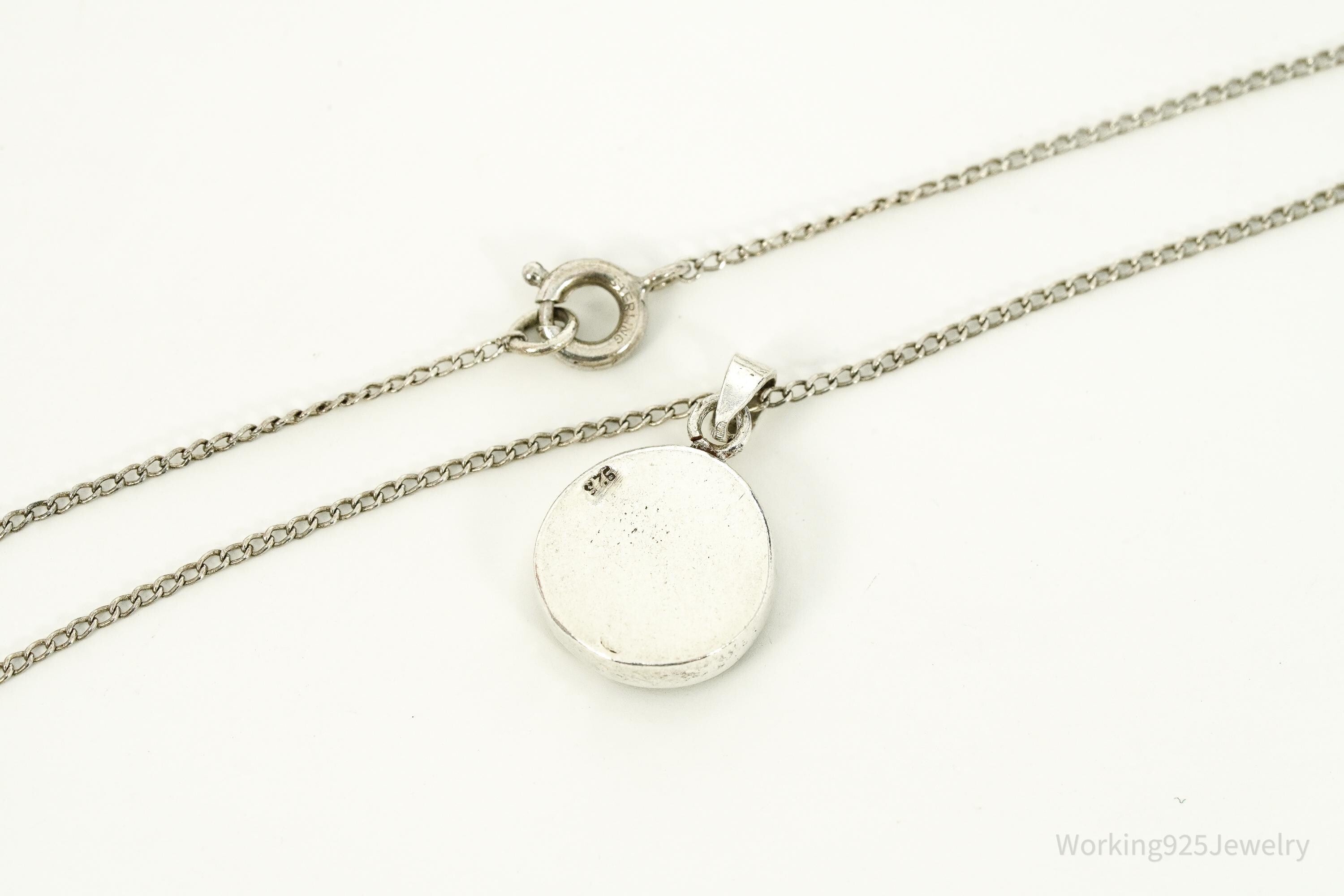 Vintage Black & White Onyx Inlay Yin Yang Sterling Silver Necklace 16"