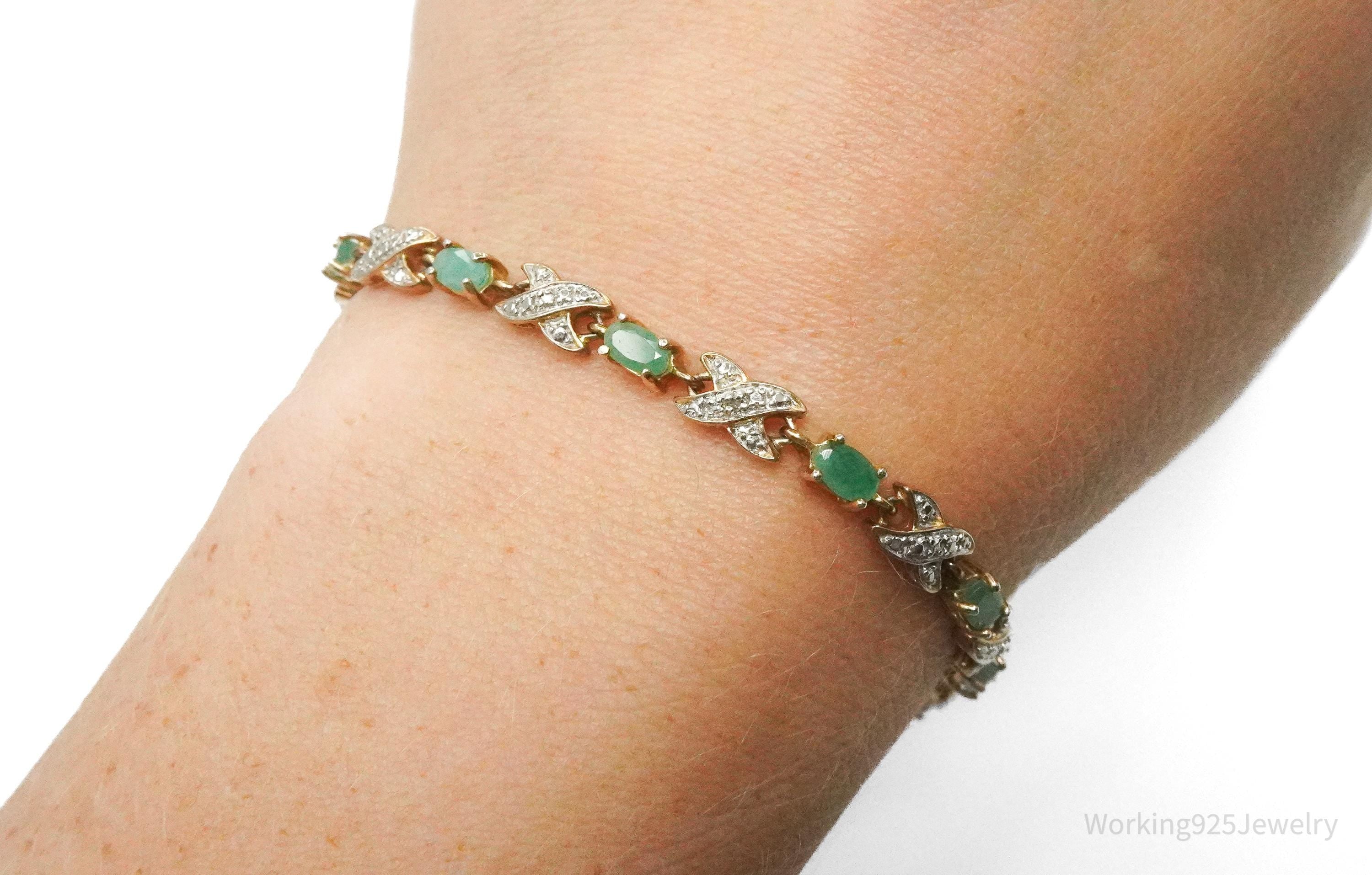 VTG Ross Simons Emerald & One Diamond 18K Gold Vermeil Sterling Silver Bracelet 7.75"