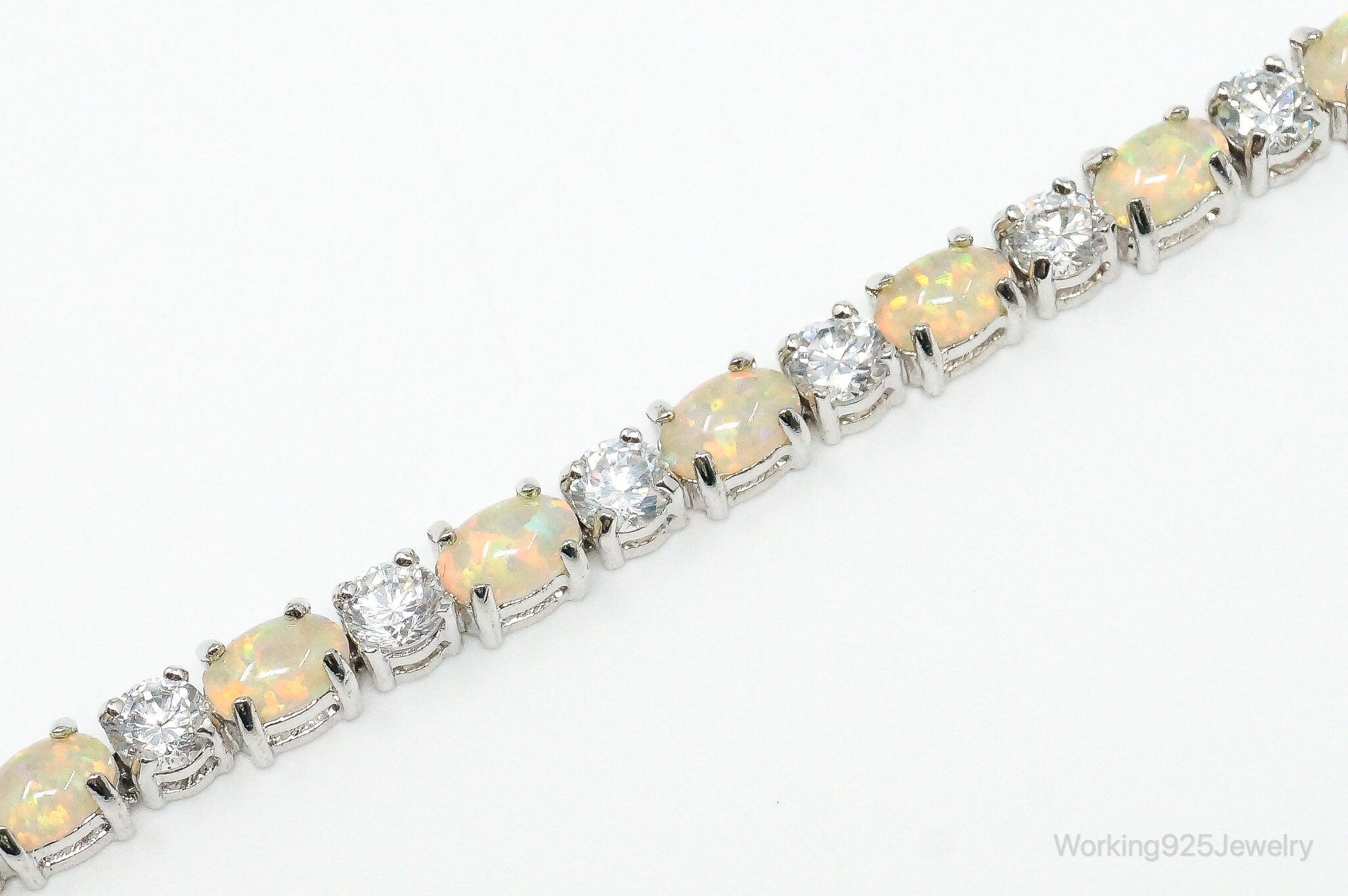 Vintage Oval Opal Doublet & Cubic Zirconia Sterling Silver Gemstone Bracelet