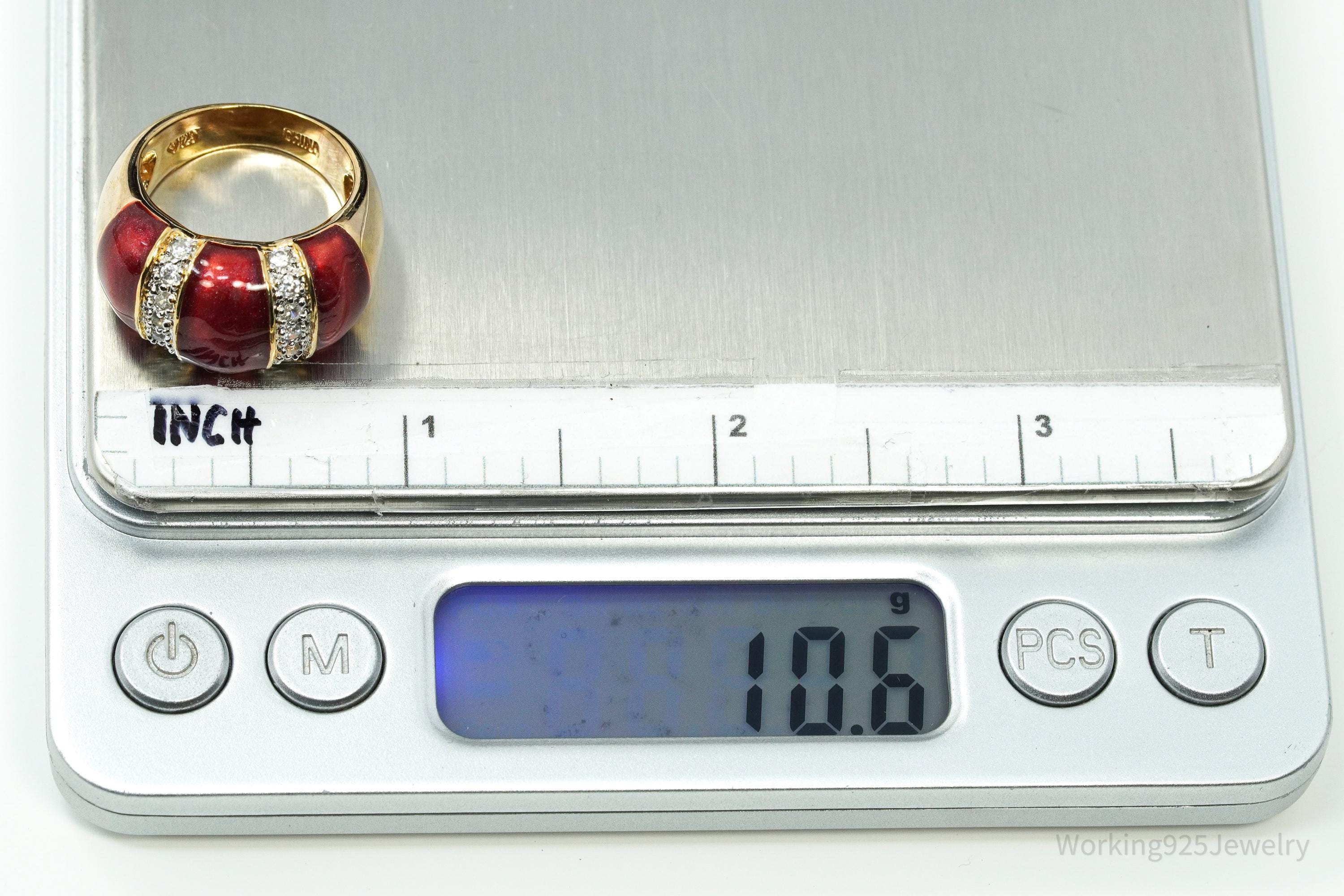Designer Cubic Zirconia & Red Enamel Gold Over Sterling Silver Ring Size 6.75