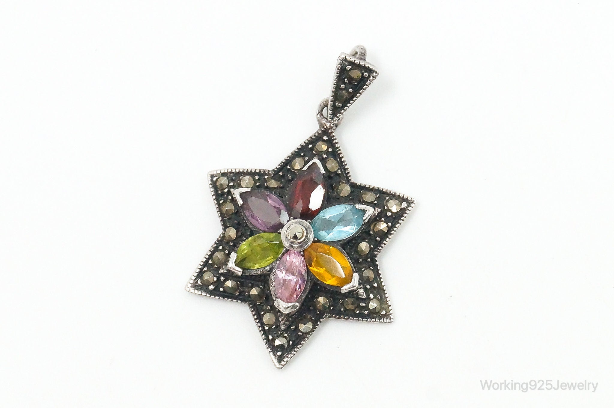 Vintage Multi Gem Flower Sterling Silver Necklace Pendant