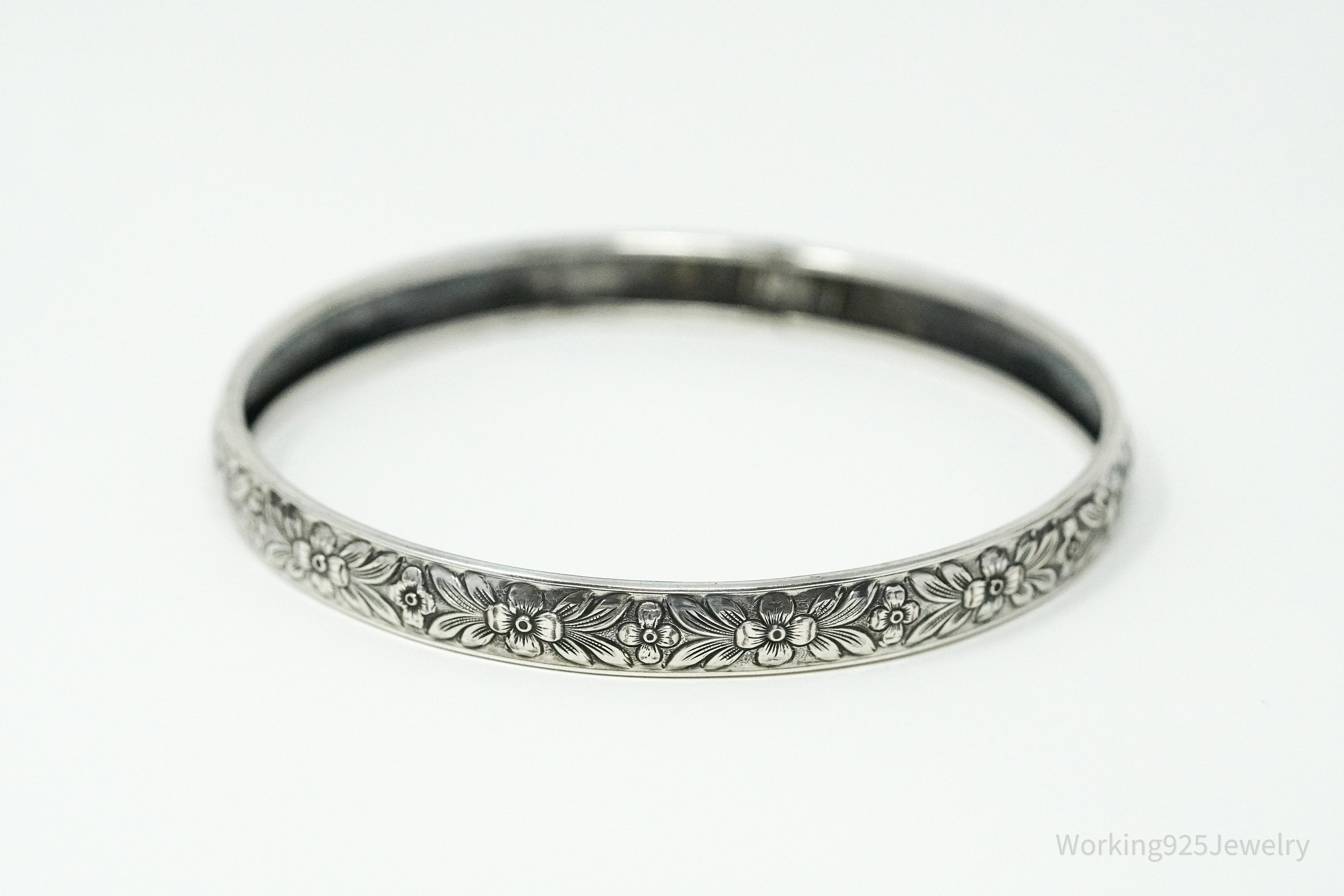 Antique Designer Lang Sterling Silver Floral Bangle Bracelet 8"