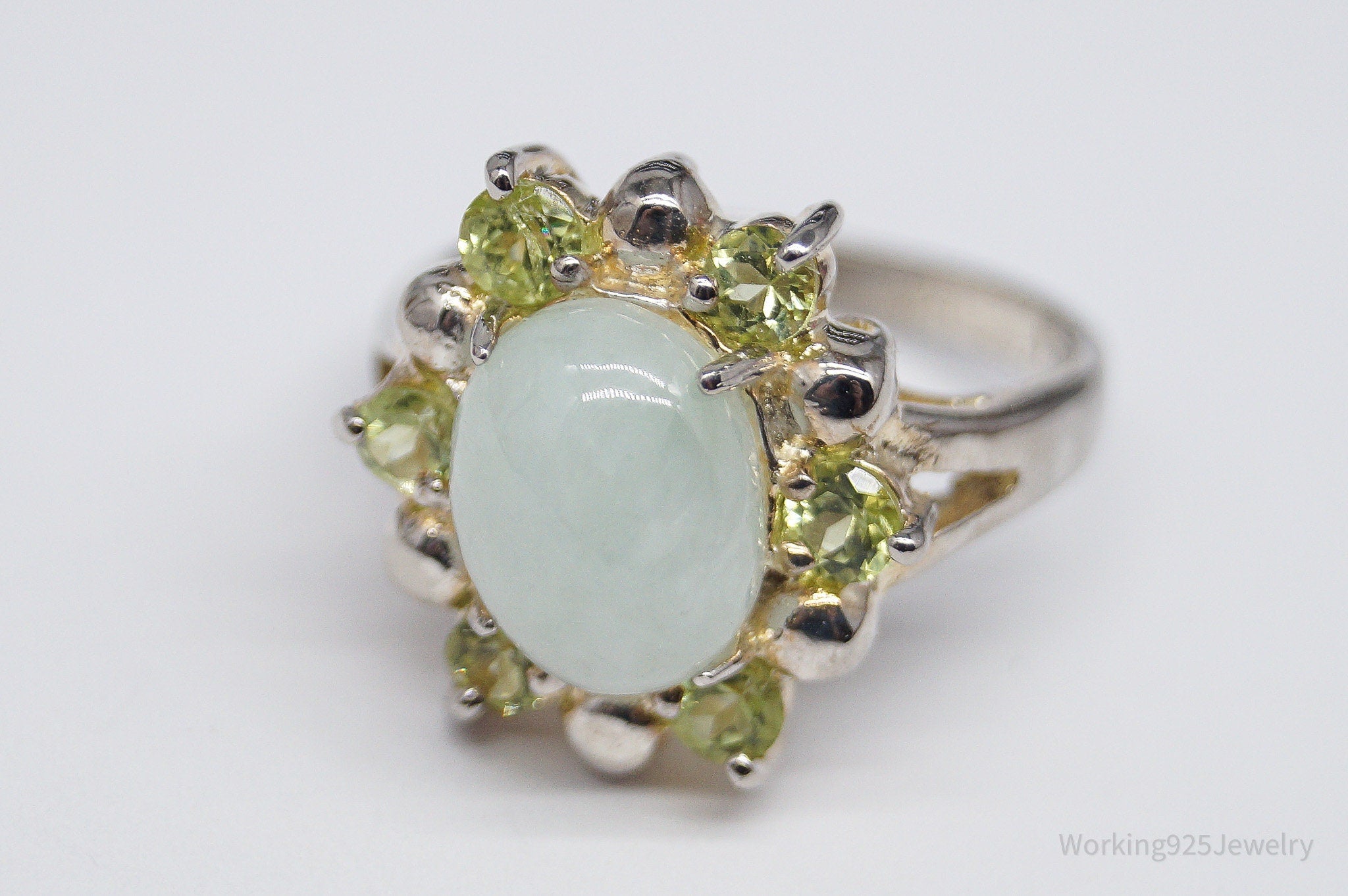 Vintage Green Jade & Peridot Sterling Silver Ring - Size 6