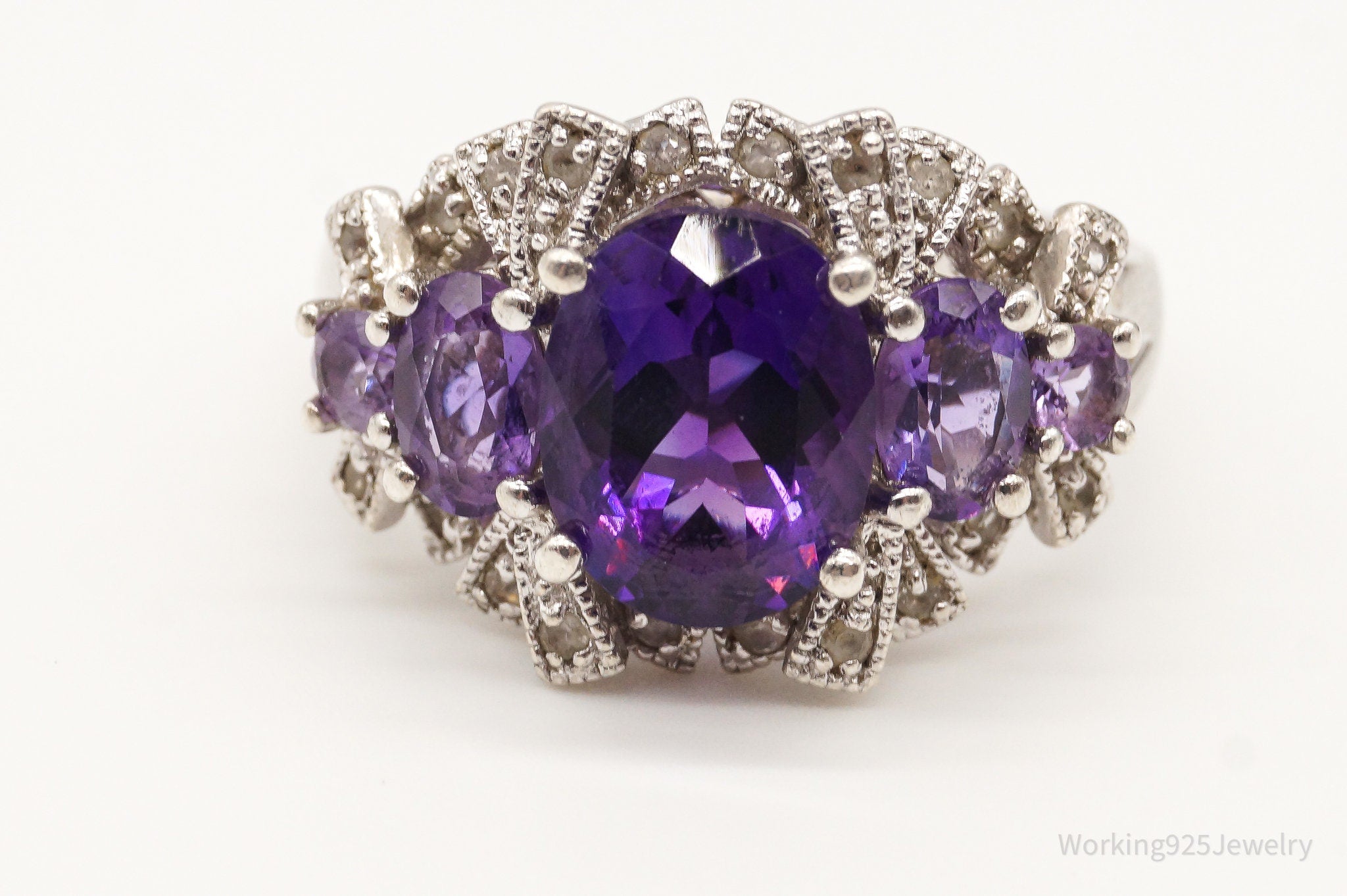Vintage Amethyst Cubic Zirconia Sterling Silver Ring - Size 7.75