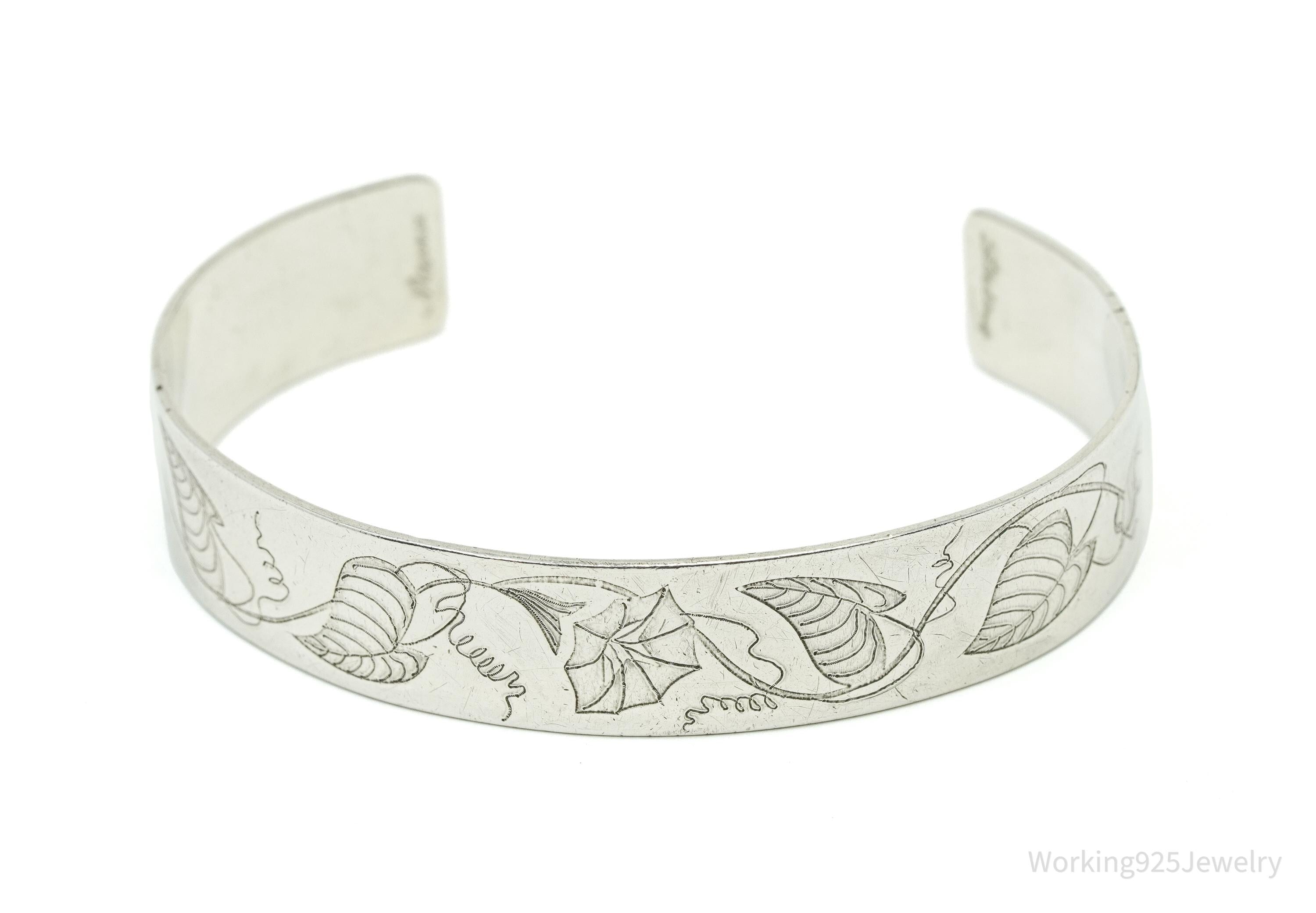 Vintage Floral Pattern Flowers Sterling Silver Cuff Bracelet 6.75"