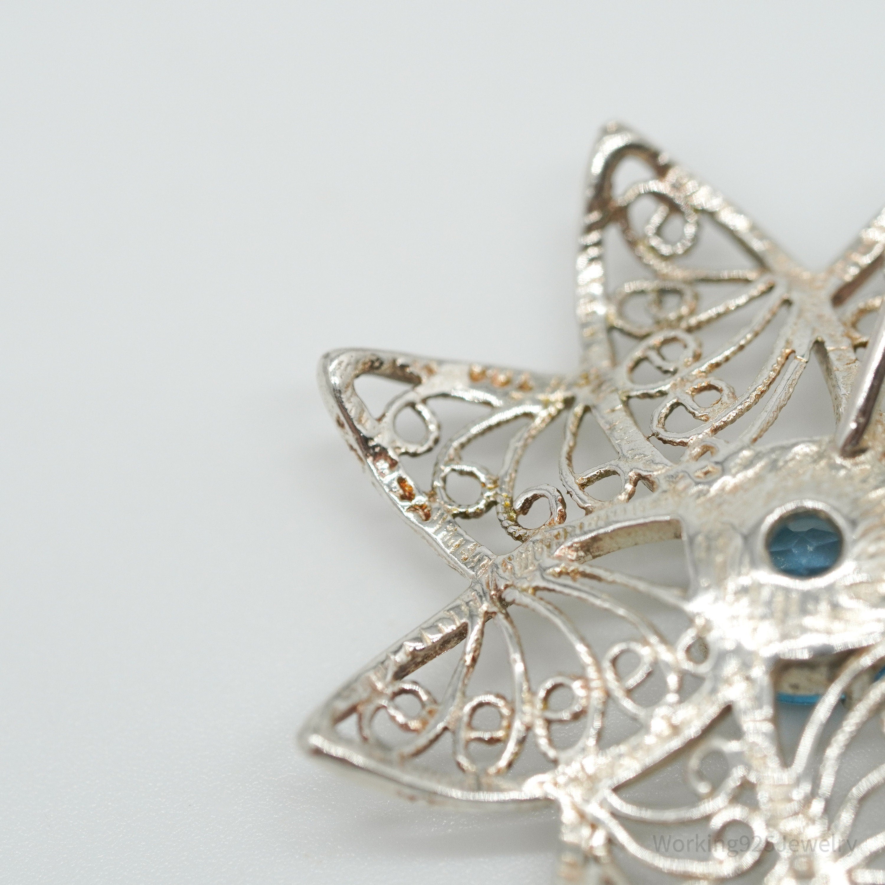 Vintage Ornate Blue Topaz Flower Sterling Silver Necklace Pendant