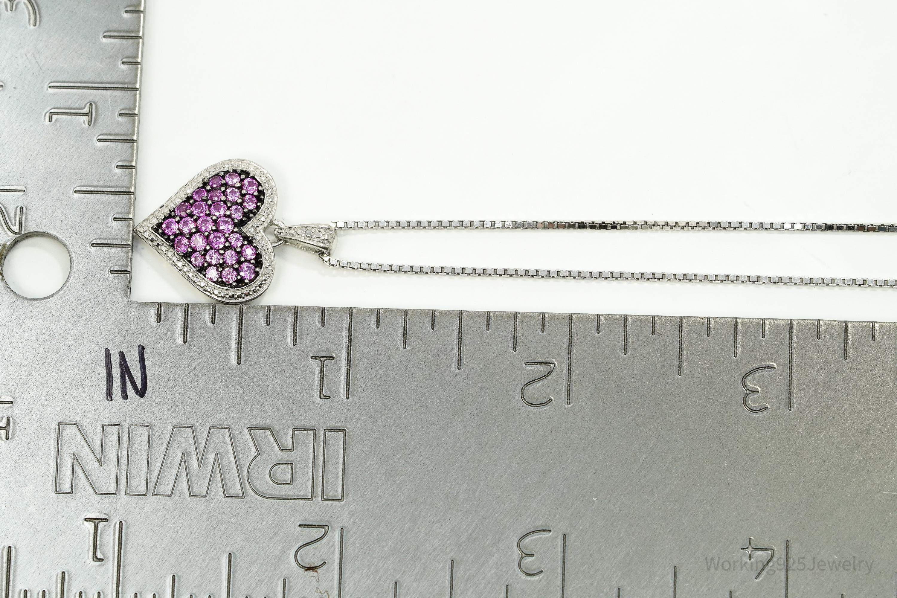 Vintage Pink Sapphire Heart Sterling Silver Necklace 14"