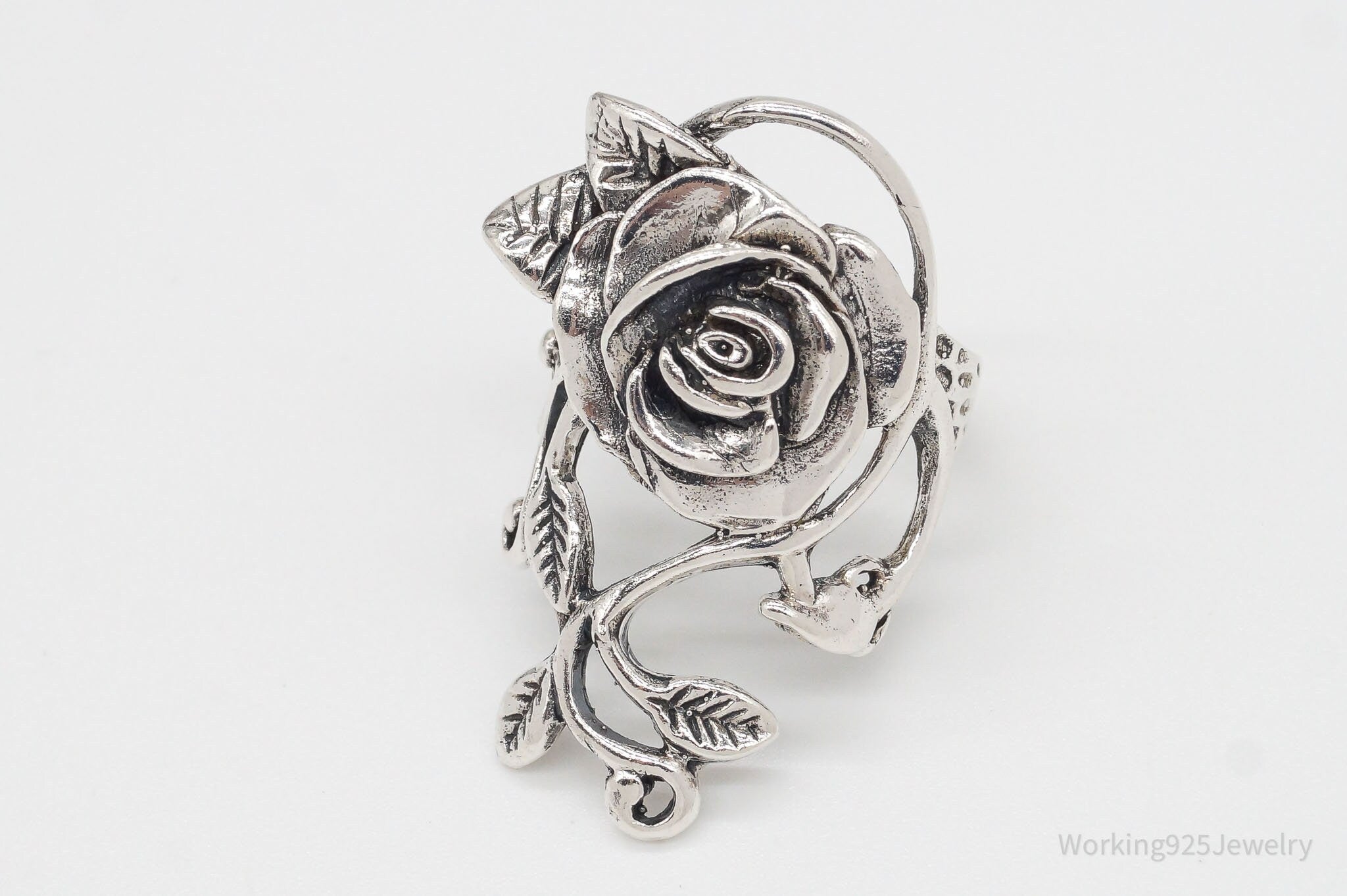 Vintage Large Rose Flower Sterling Silver Ring - Size 7.75