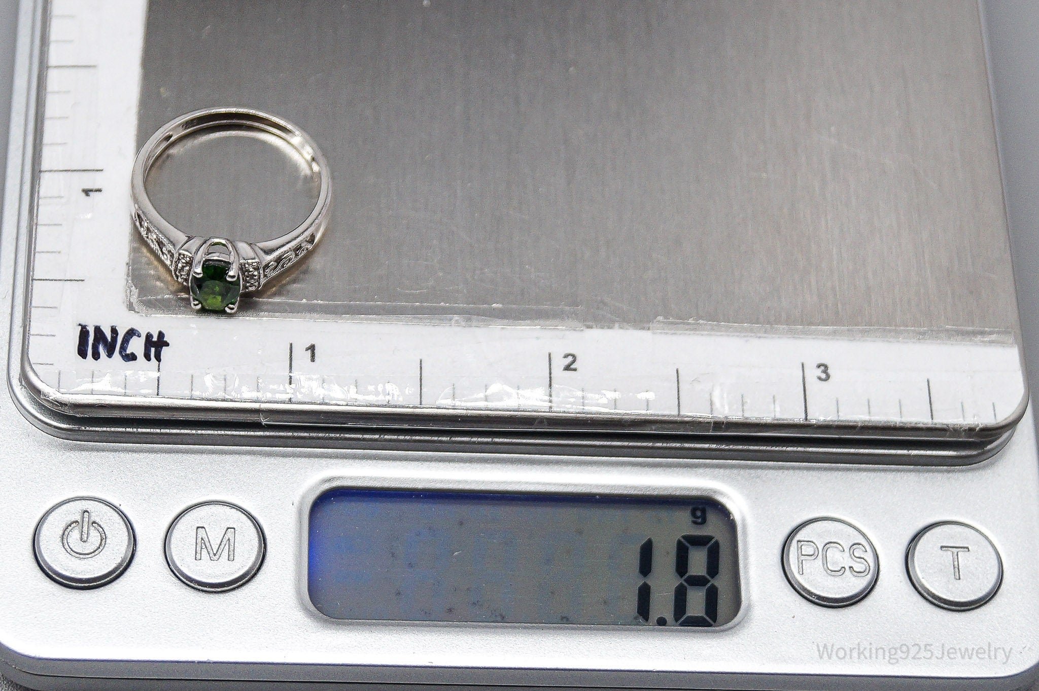 Vintage Green Chrome Diopside White Topaz Sterling Silver Ring - Size 7