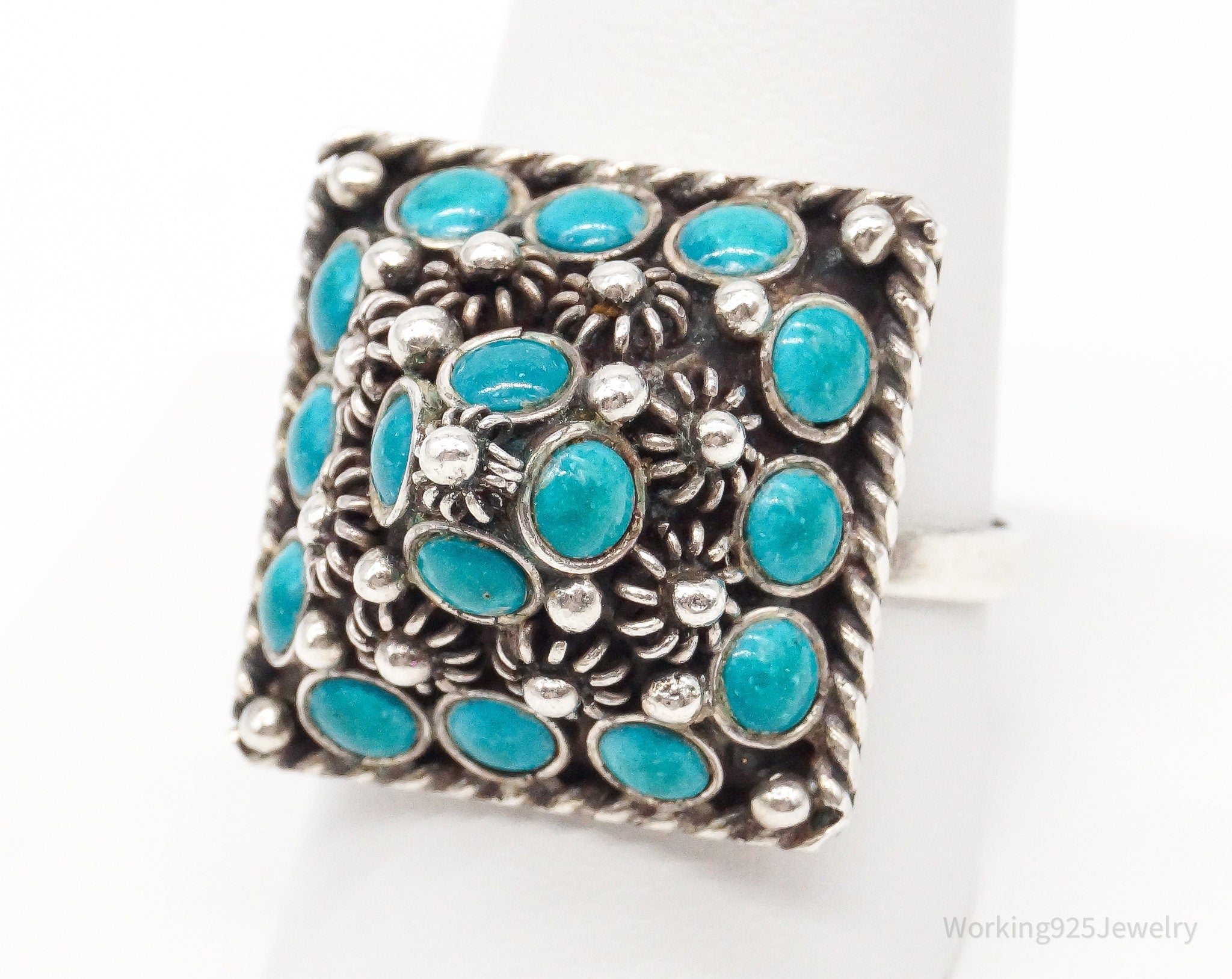 Vintage Mexico Turquoise Cannetille Silver Ring - Size 10 Adjustable