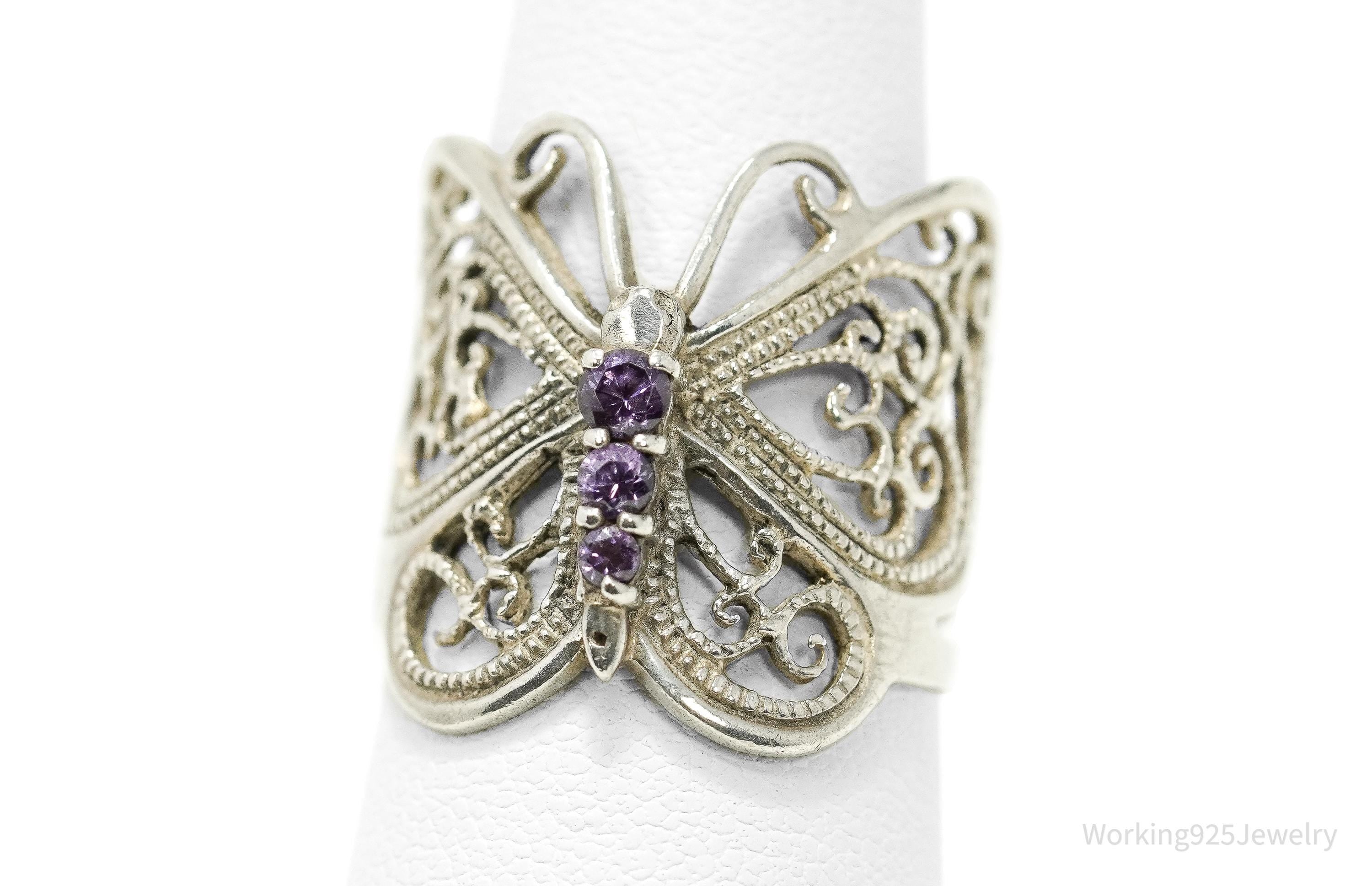 Vintage Amethyst Butterfly Sterling Silver Ring - Size 7.75