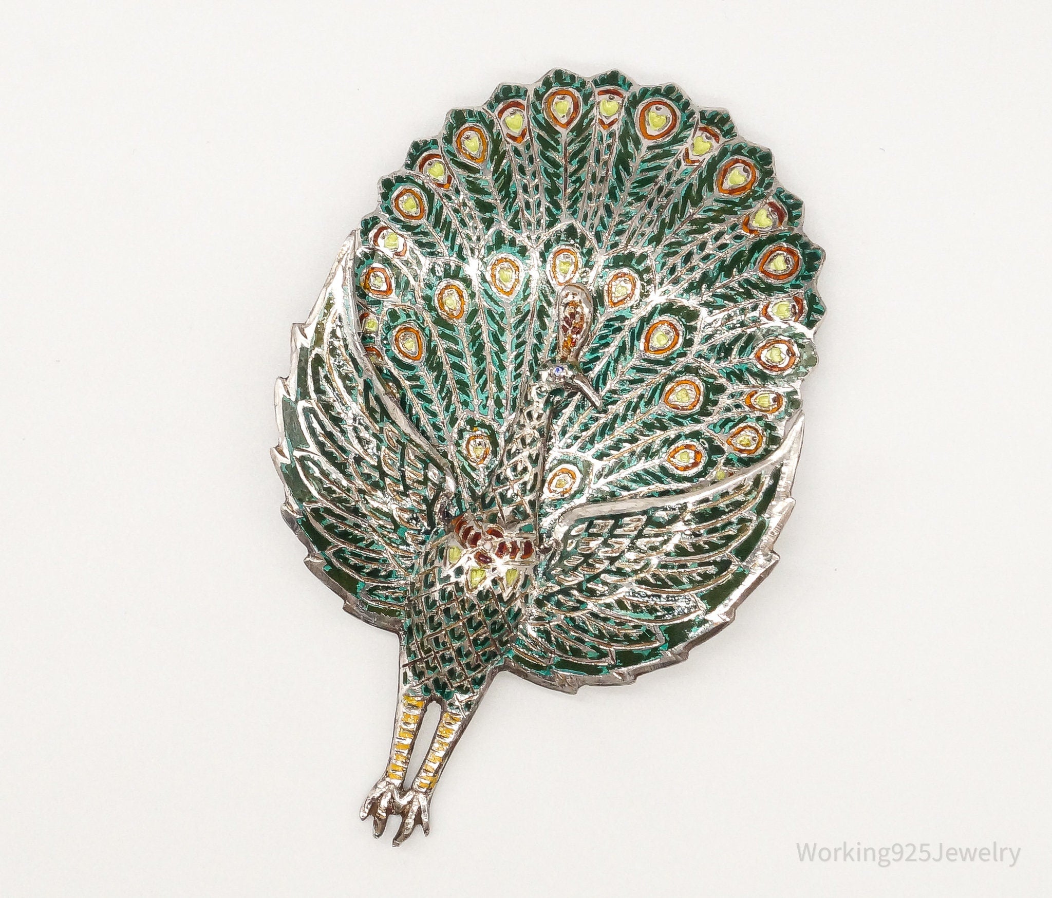 Vintage SIAM Enamel Peacock Silver Brooch Pin