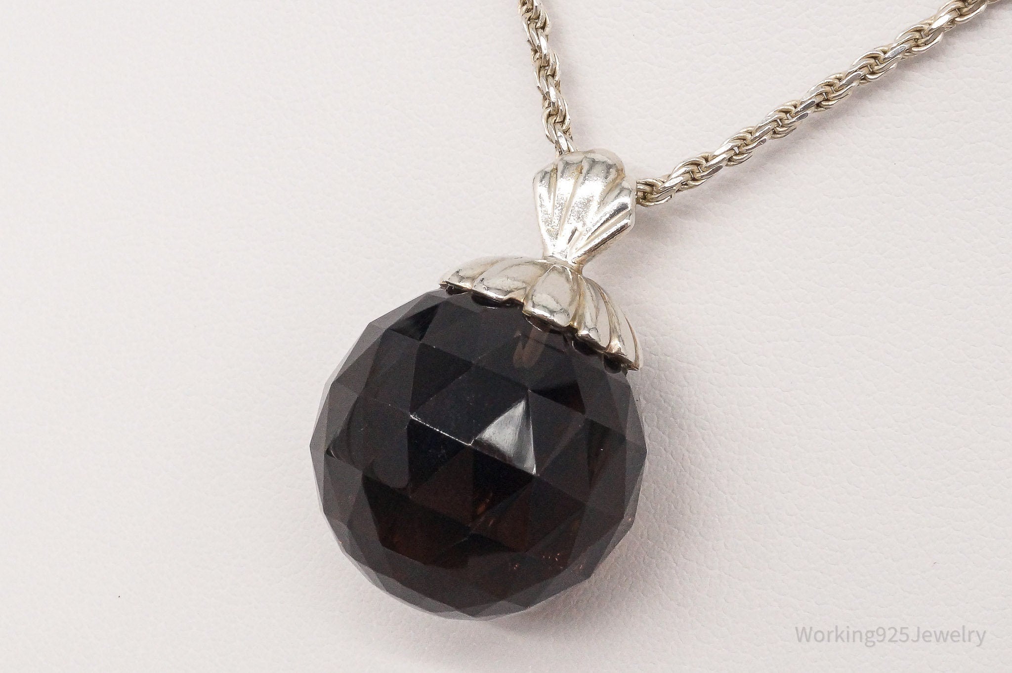 Vintage Large Smoky Topaz Sterling Silver Necklace 18"