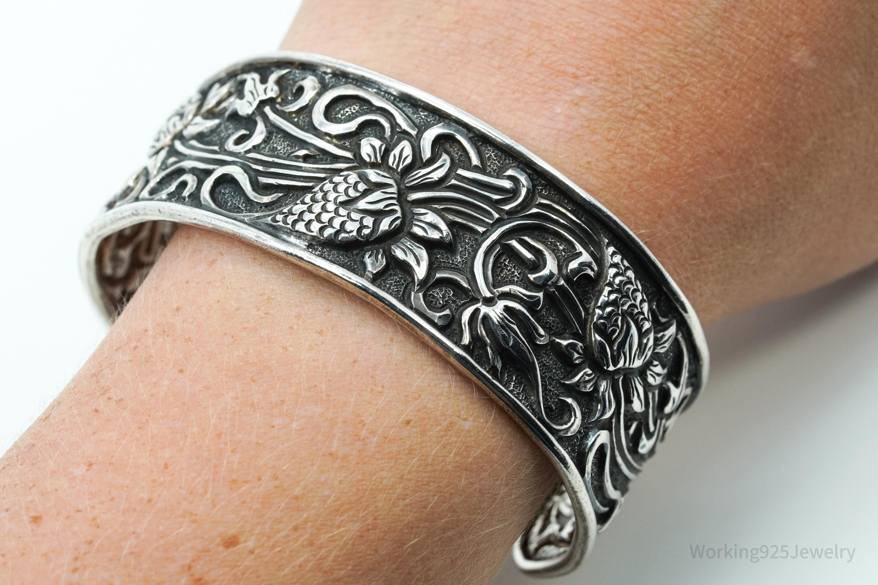 Vintage TIKA Strawberry Floral Pattern Repousse Sterling Silver Cuff Bracelet 7 5/8"