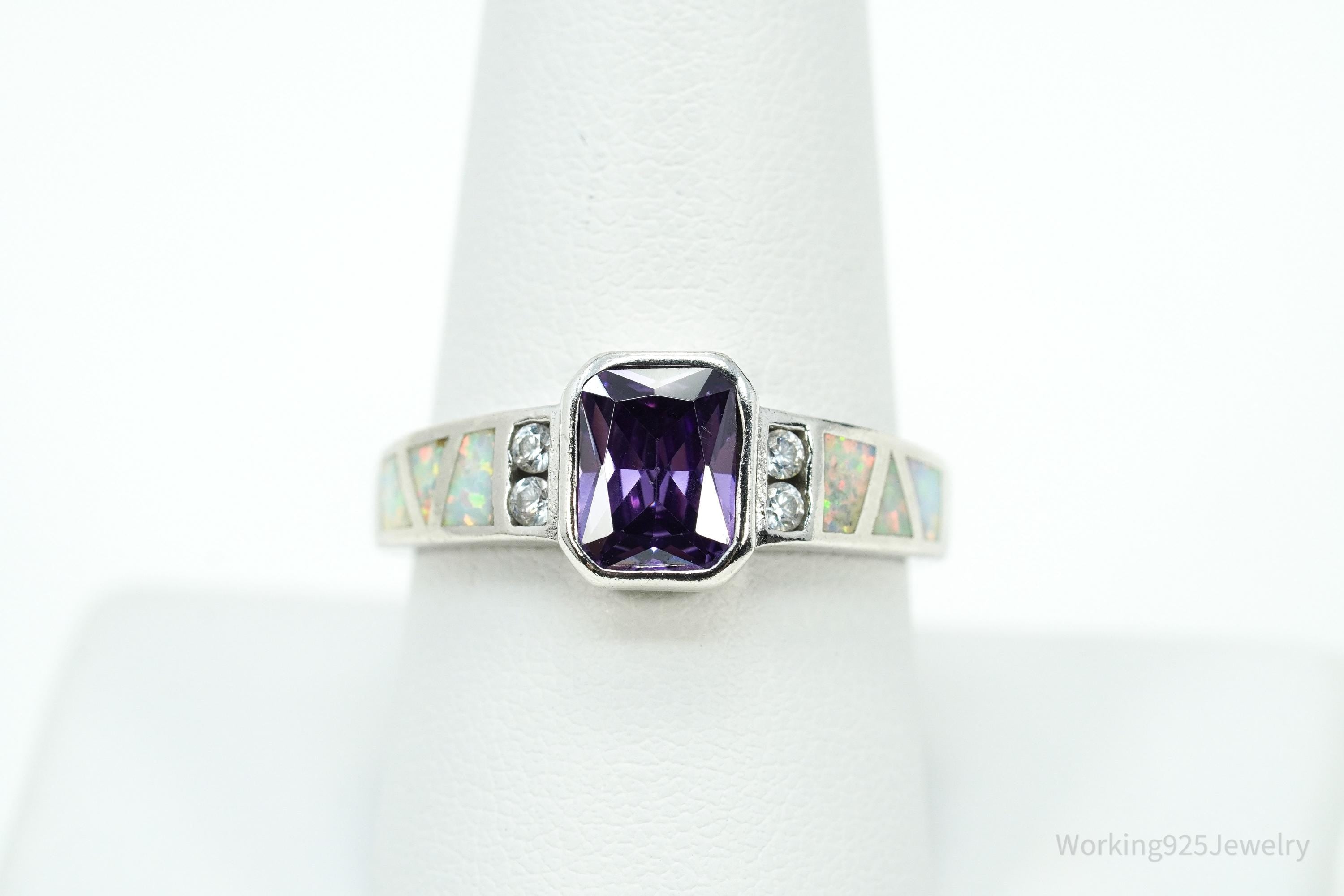 Vintage Amethyst Cubic Zirconia Opal Sterling Silver Ring - Size 8.75