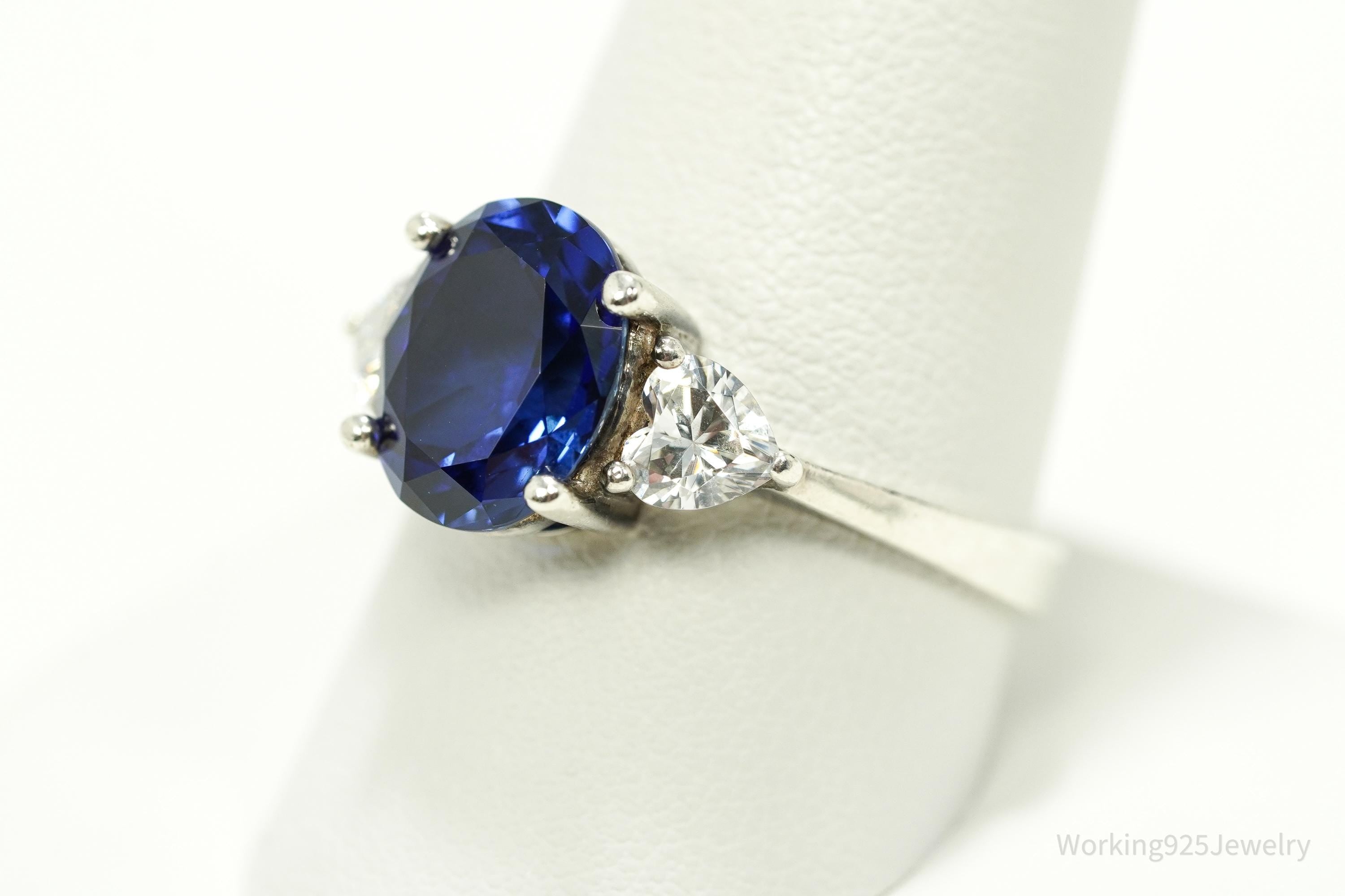 Vintage Lab Sapphire & Cubic Zirconia Sterling Silver Ring - Size 10.25
