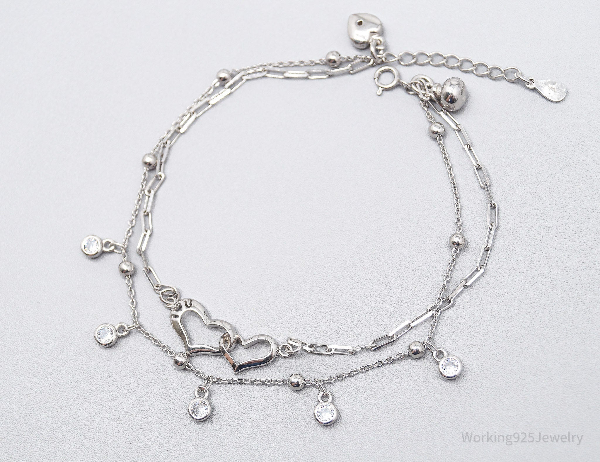 Vintage Cubic Zirconia & Hearts Sterling Silver Link Bracelet / Anklet 9.5"
