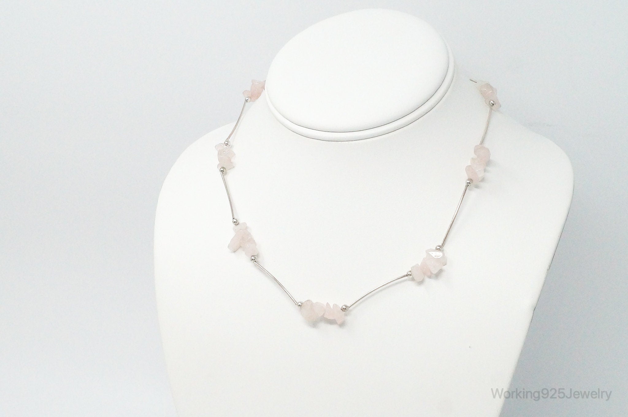 Vintage Rose Quartz Bead Sterling Silver Necklace