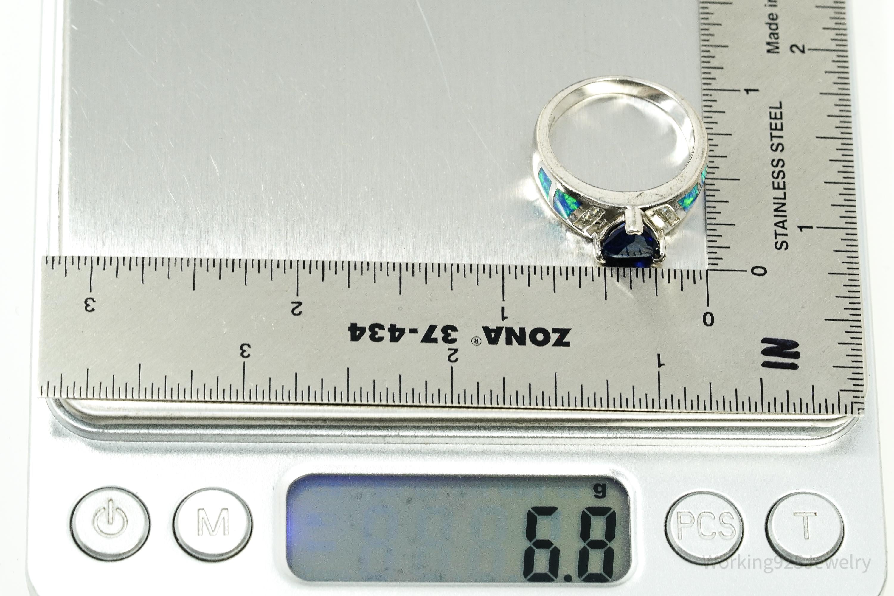 Vintage Lab Created Sapphire Cubic Zirconia Opal Sterling Silver Ring - Size 7.75