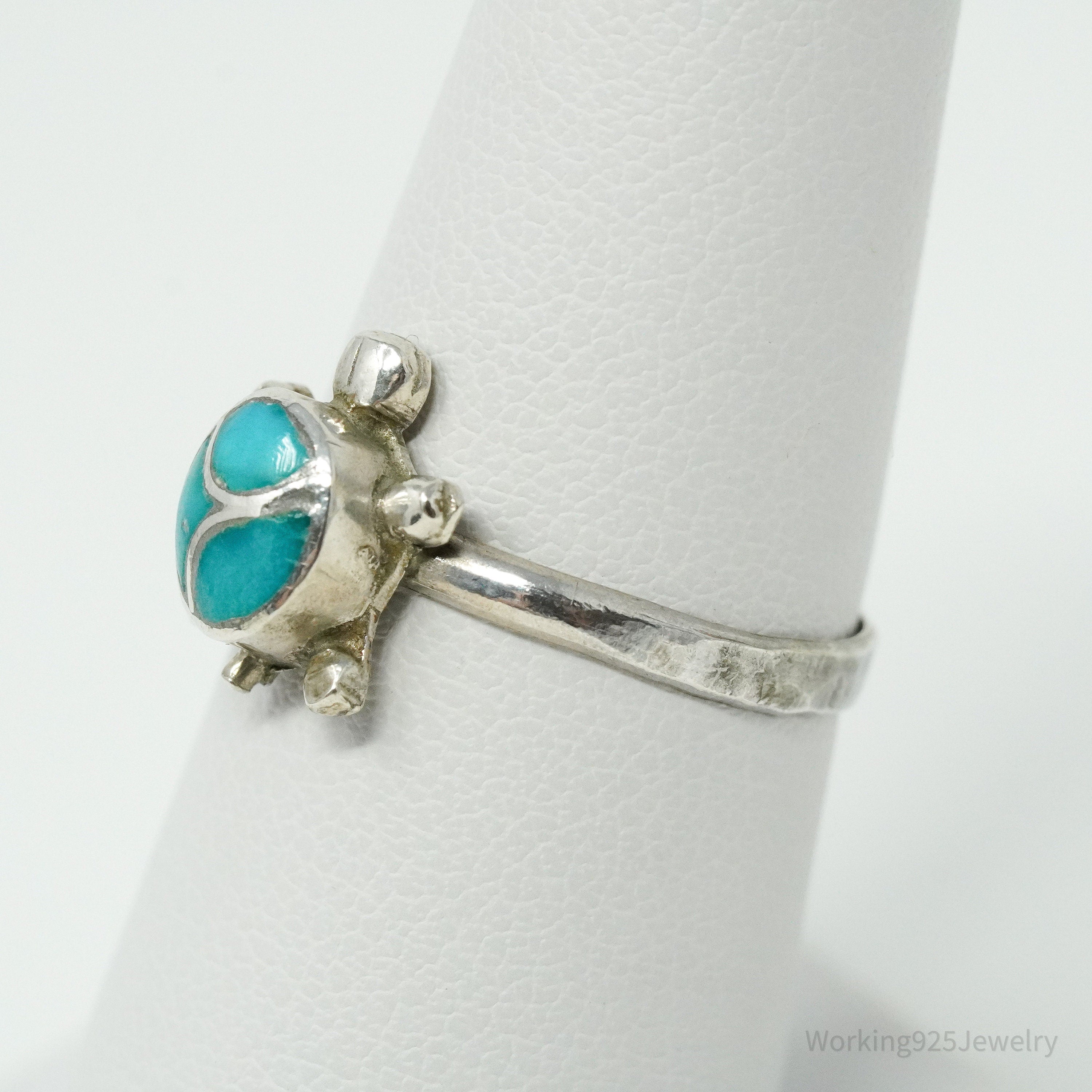 Vintage Native American Turquoise Inlay Turtle Handmade Silver Ring - Size 6.75