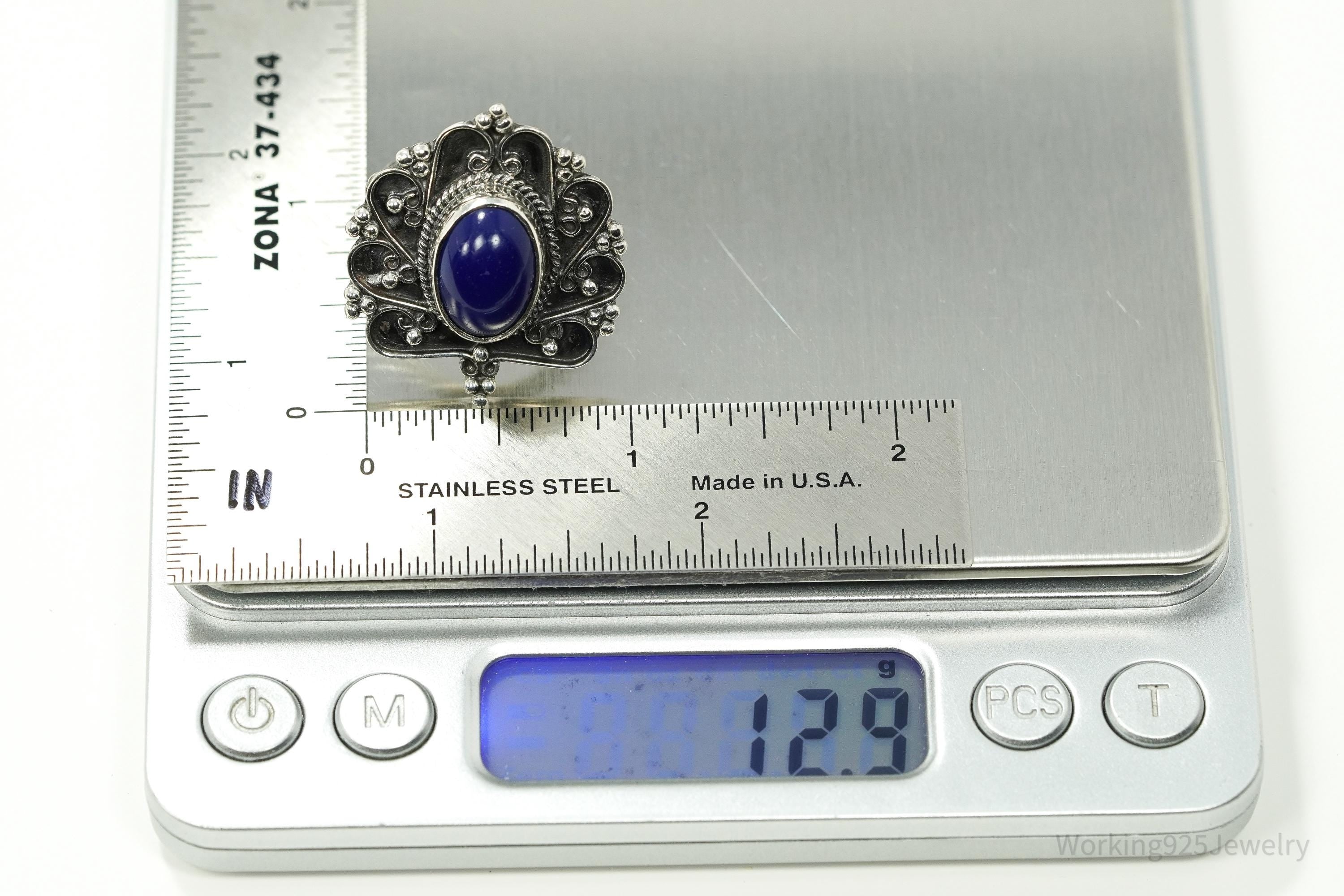 Vintage Egyptian Revival Style Blue Lapis Lazuli Silver Ring - Size 8.25