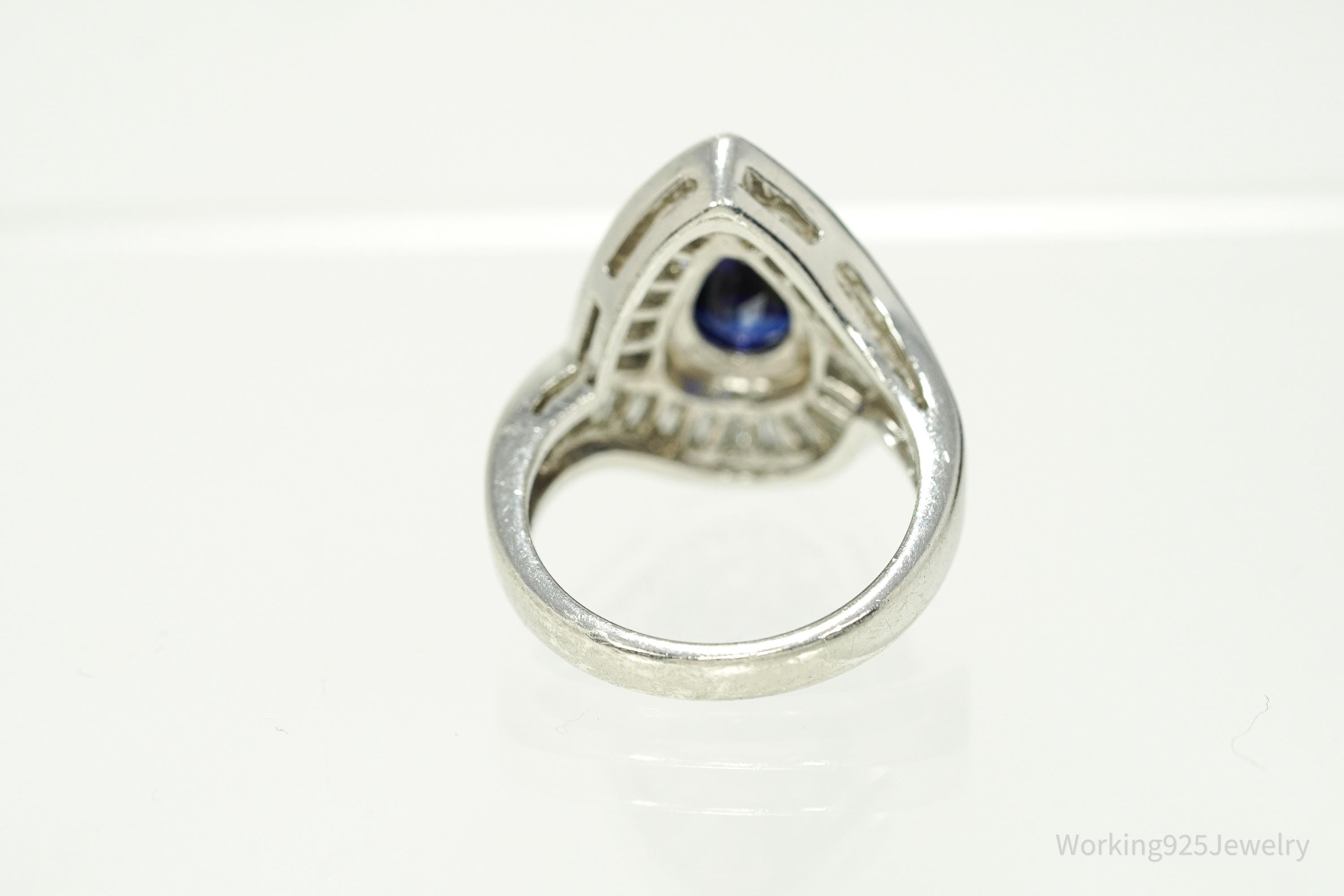 Vintage Lab Sapphire & Cubic Zirconia Rhodium Plated Sterling Silver Ring - Size 6