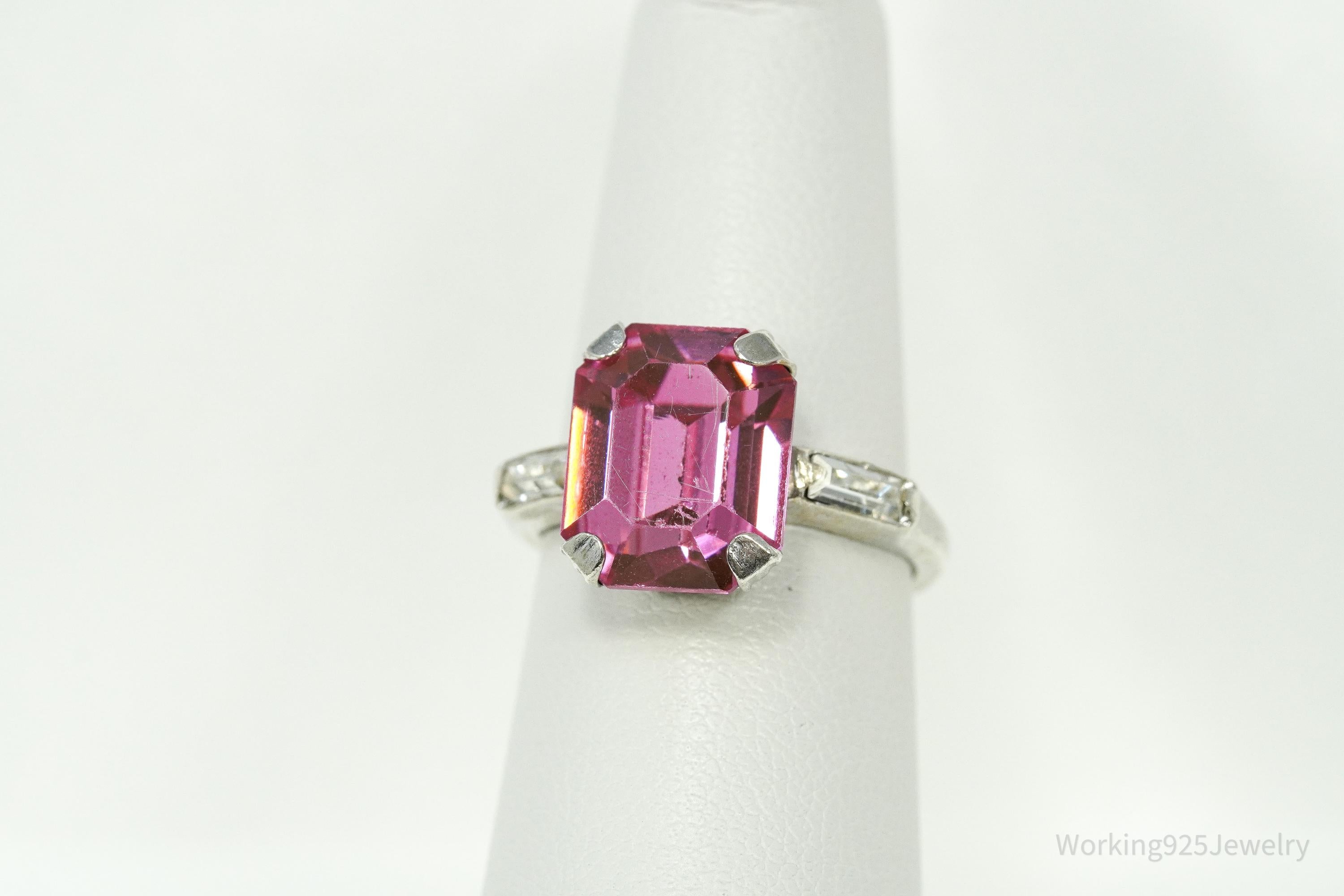 Mid Century Uncas MFG Co Pink & White Stones Sterling Silver Ring - Size 6.5