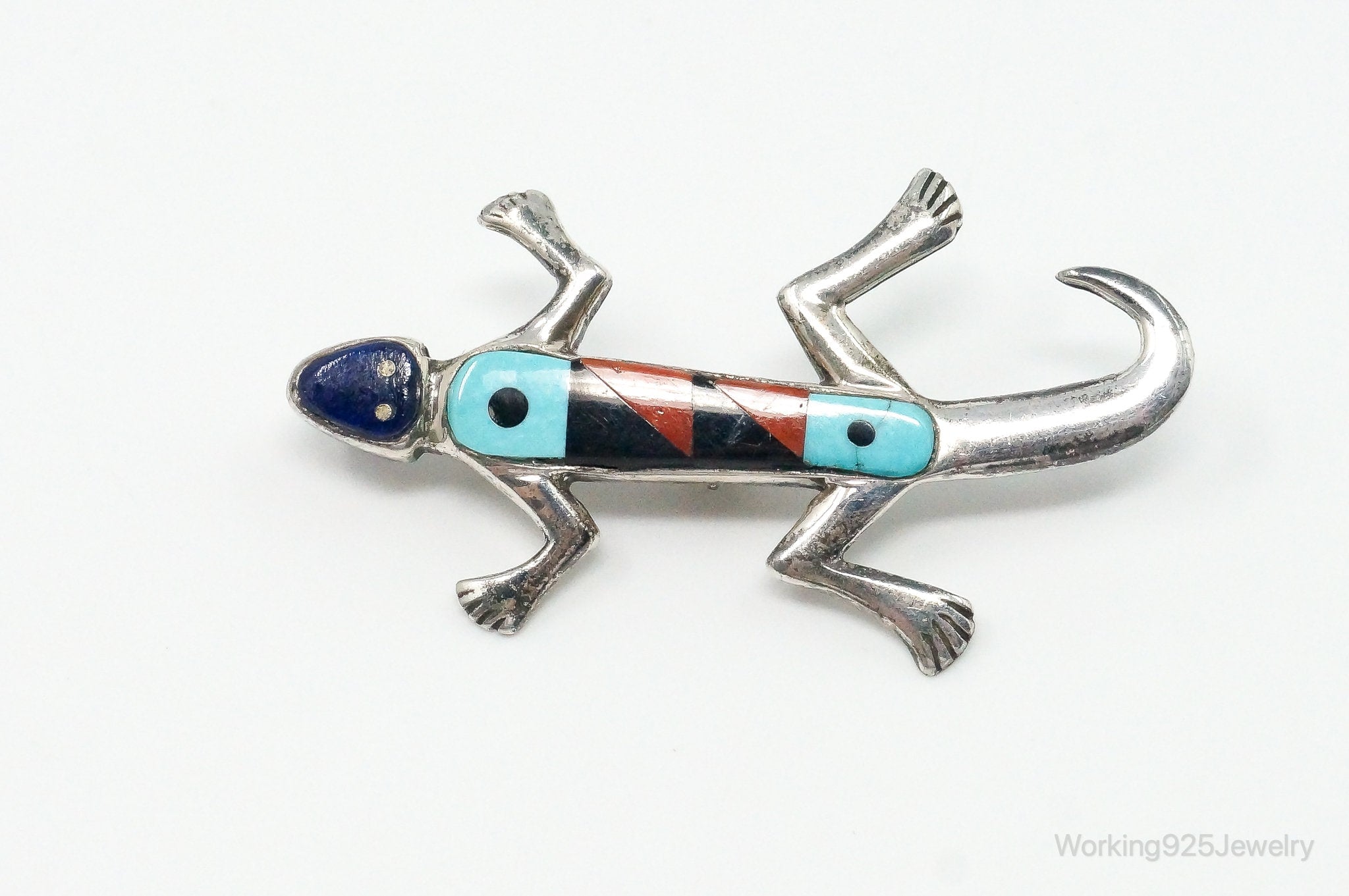 Vintage Native American Multi Gem Inlay Lizard Sterling Silver Pendant Pin