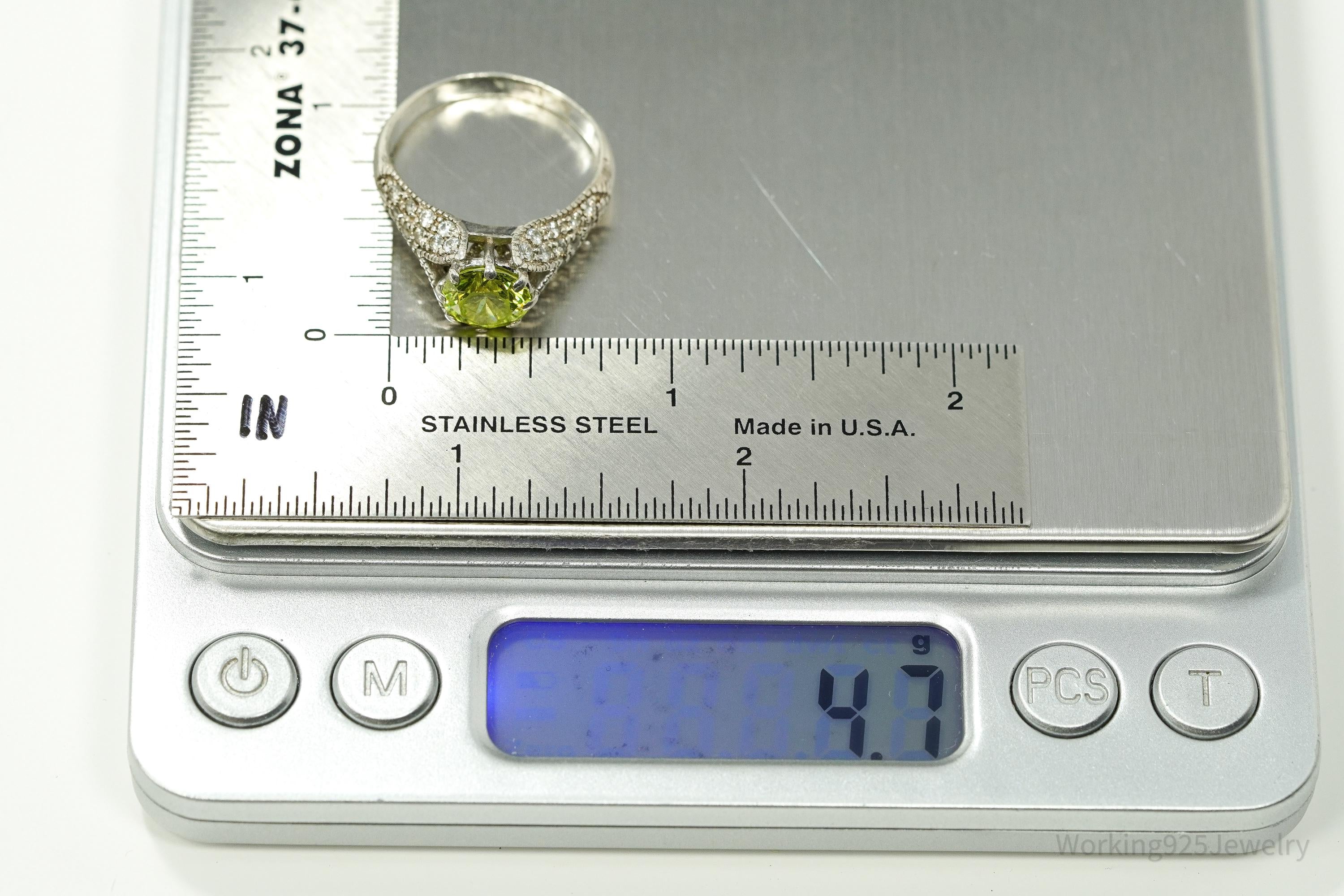 Vintage Espo Green & White Cubic Zirconia Sterling Silver Ring - Size 9