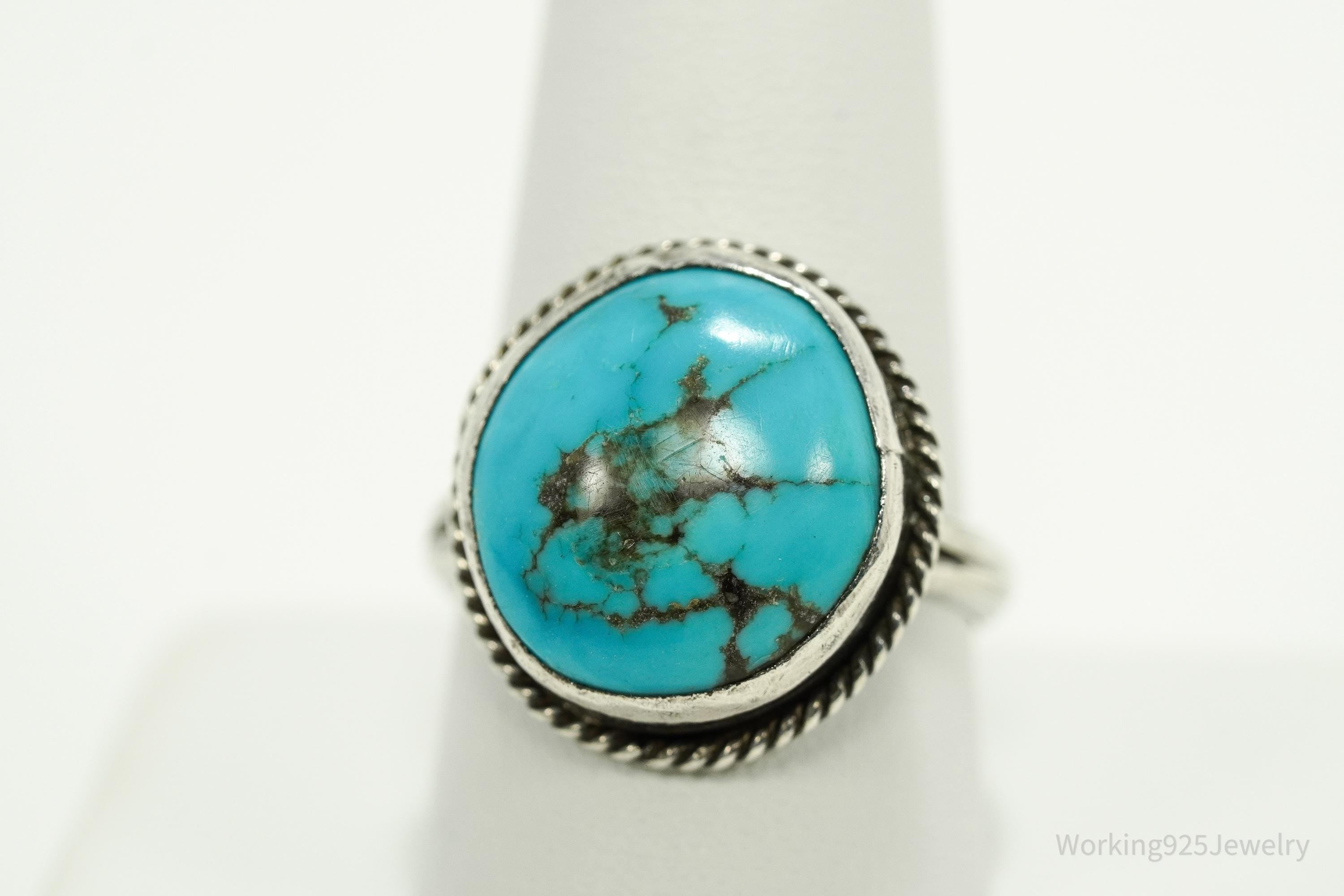 Vintage Handmade Native American Turquoise Unsigned Silver Ring - Size 10.25