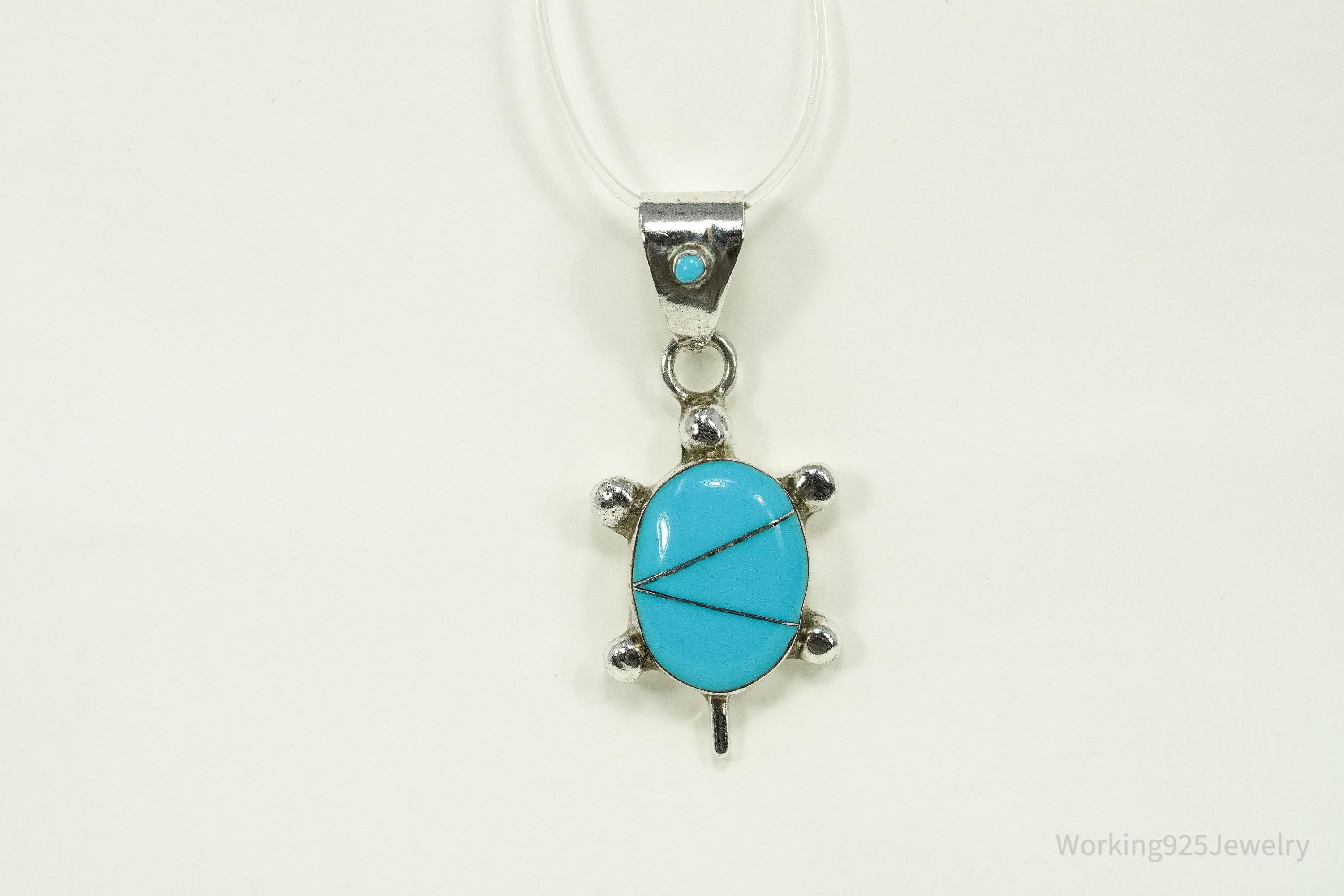 Vintage Native American Turquoise Inlay Turtle Sterling Silver Pendant 1.5"