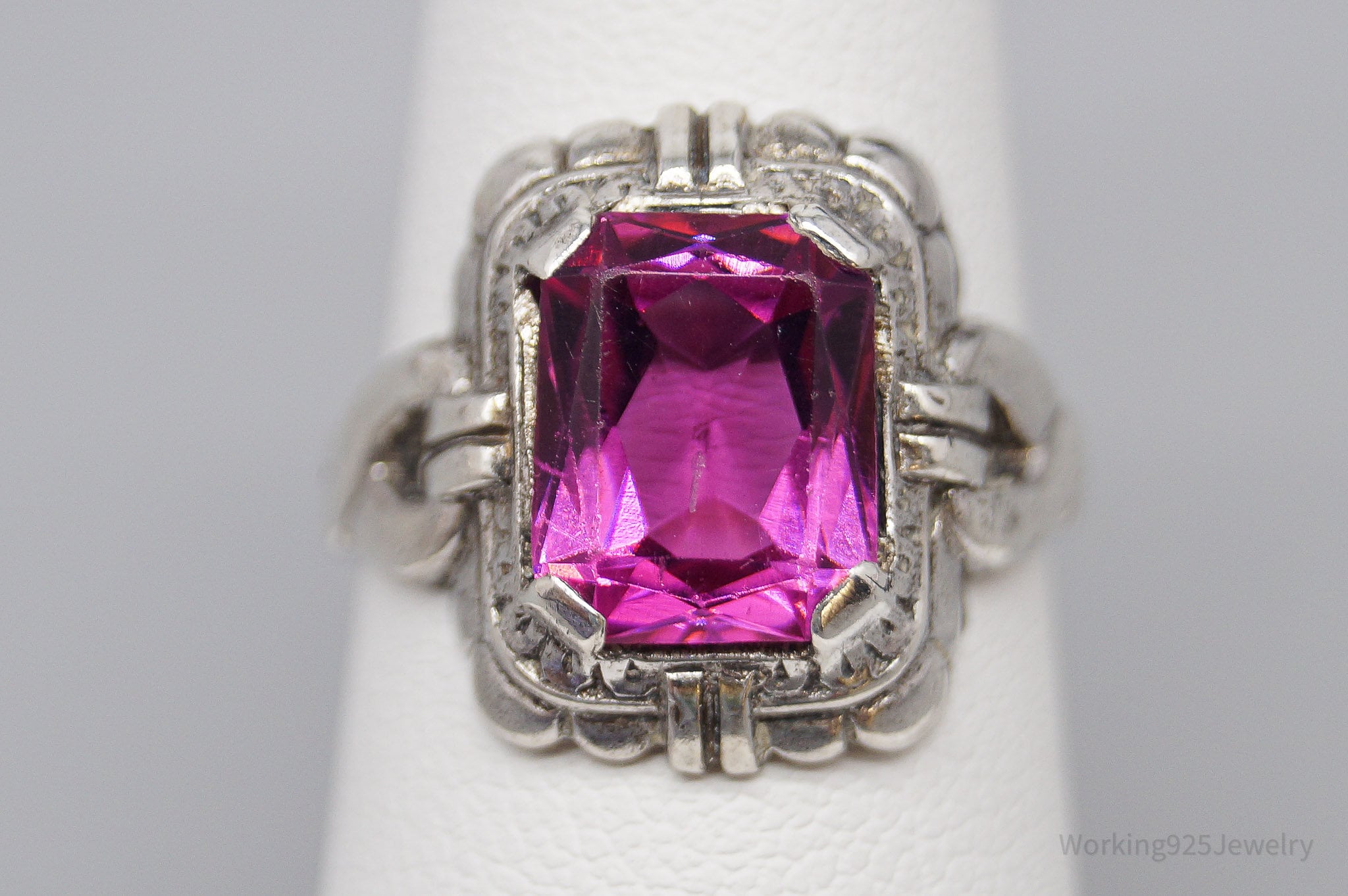 Antique Art Deco Pink Stone Sterling Silver Ring - Size 6.25