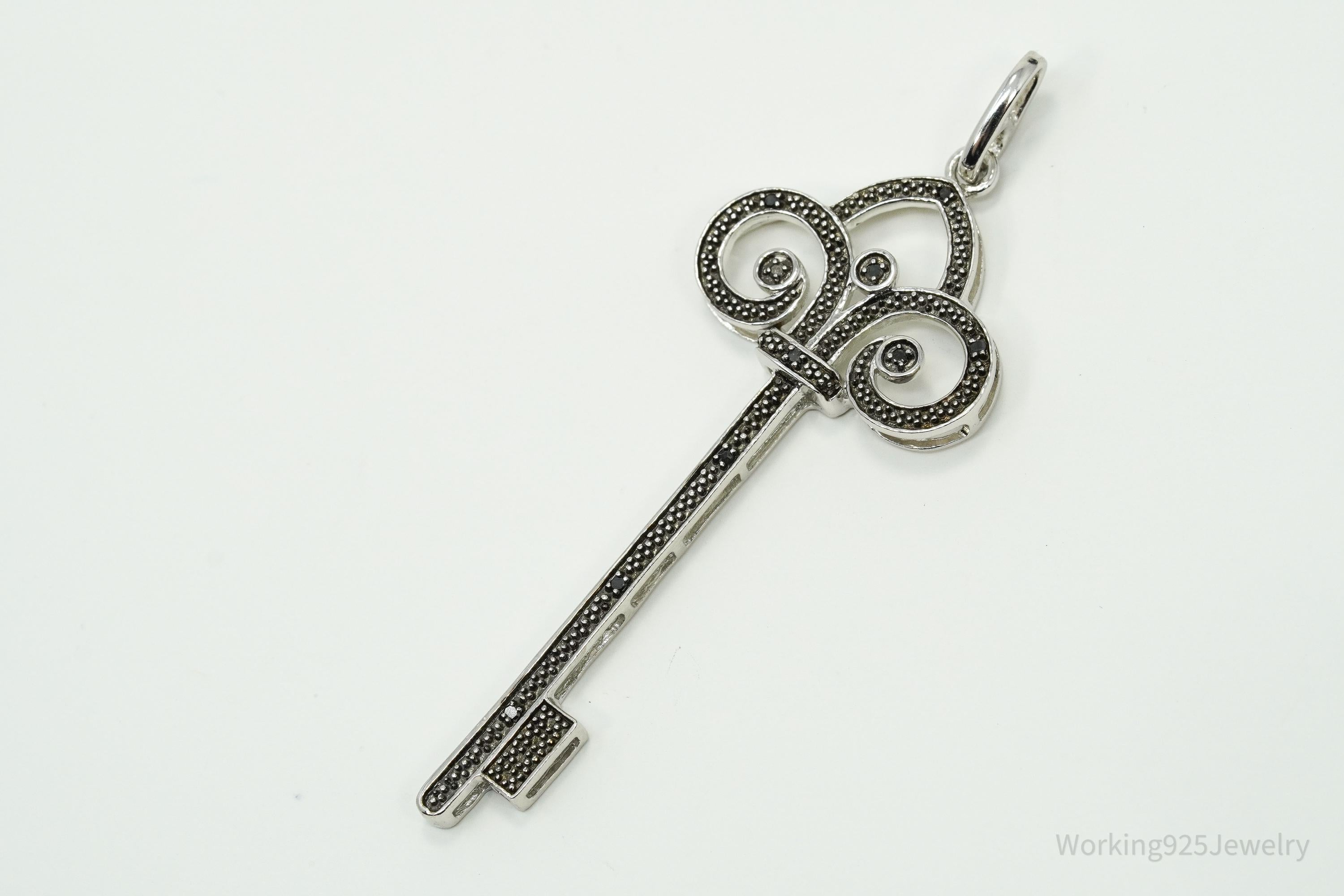 Large Designer JWBR Black Diamond Skelton Key Sterling Silver Necklace Pendant