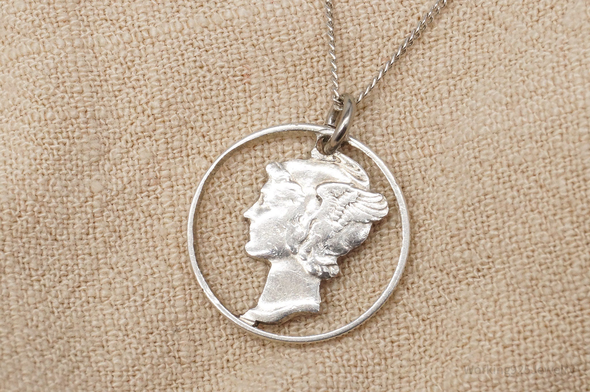 Vintage Mercury Dime Coin Cut Out Silver Pendant Sterling Silver Necklace 18"