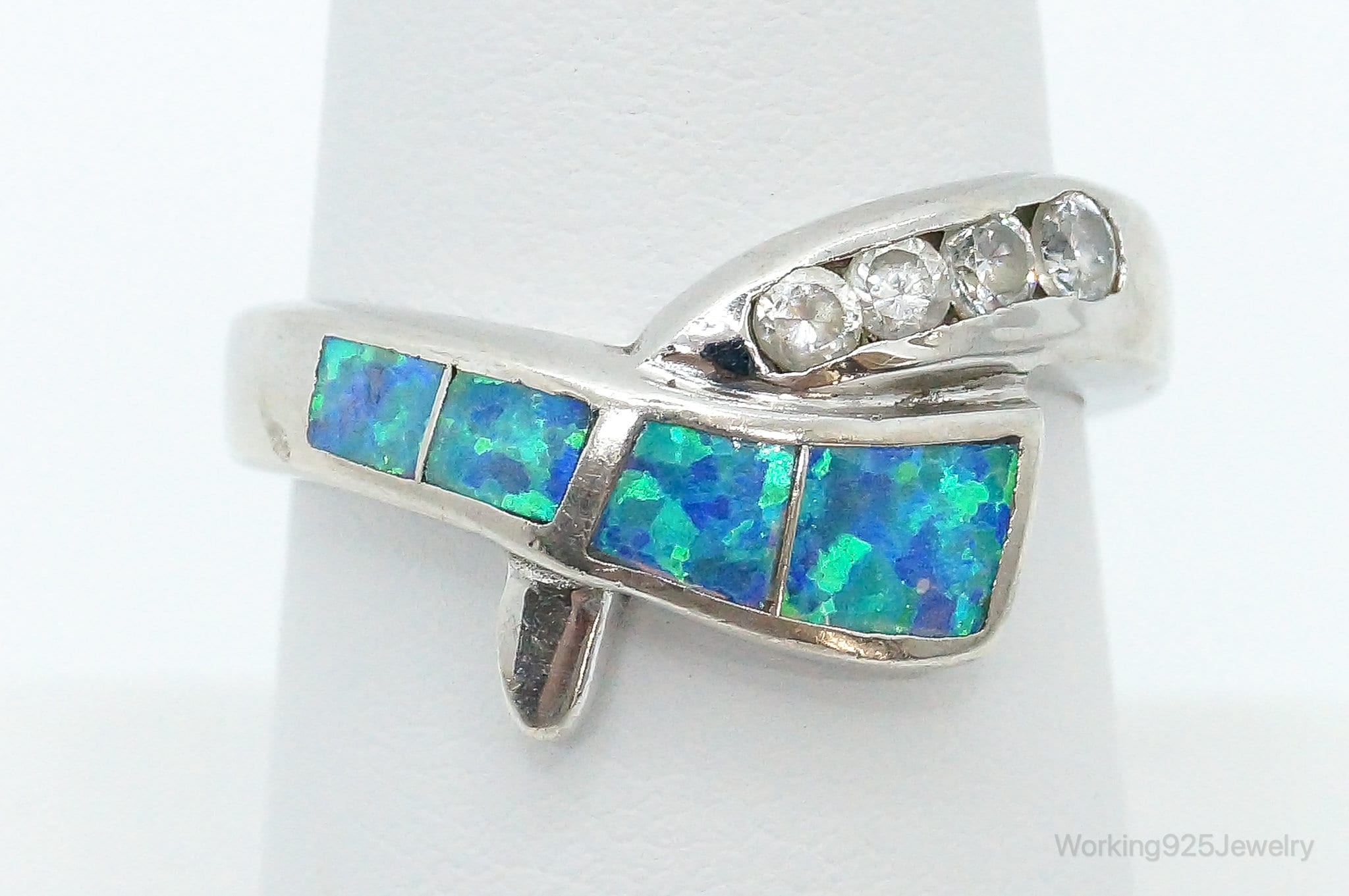 Designer AK Cubic Zirconia Opal Sterling Silver Ring - Size 7