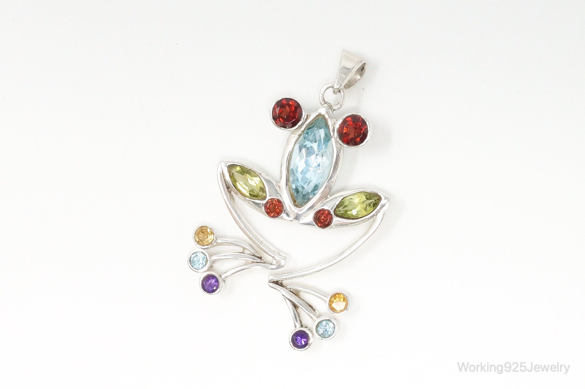 Vintage Multi Gem Tree Frog Sterling Silver Necklace Pendant