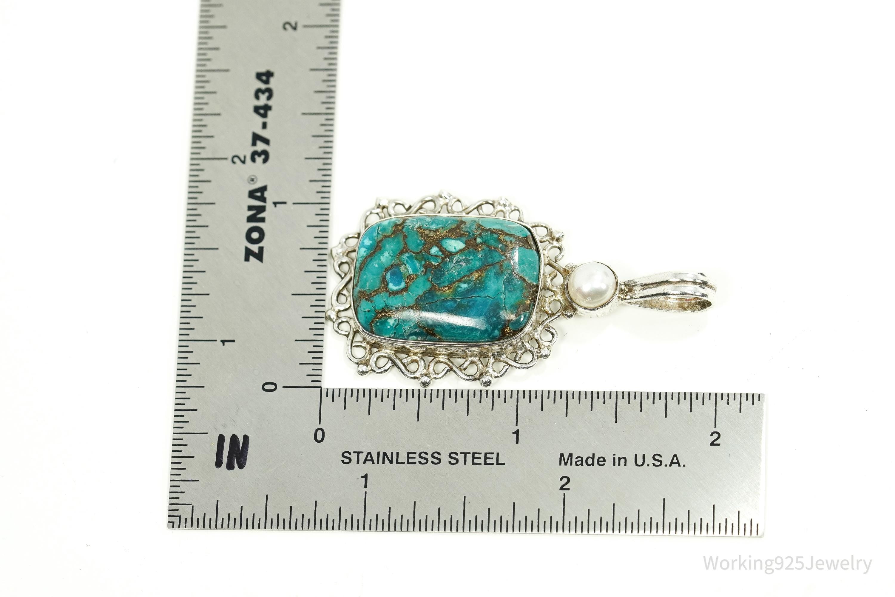 Vintage Turquoise & Pearl Sterling Silver Pendant