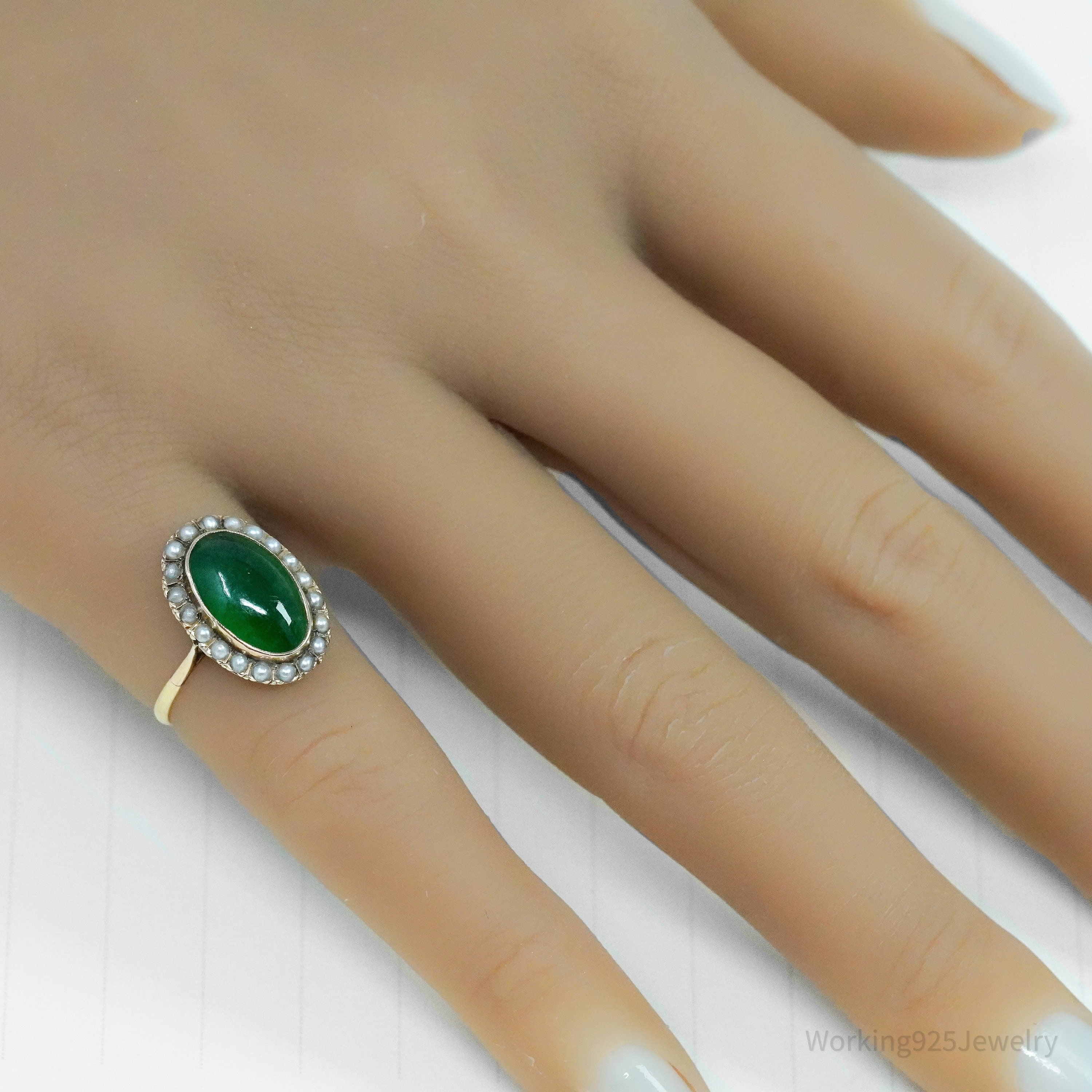 14K Yellow Gold Jadeite Jade Cabochon & Seed Pearls Ring - Size 4 1/2