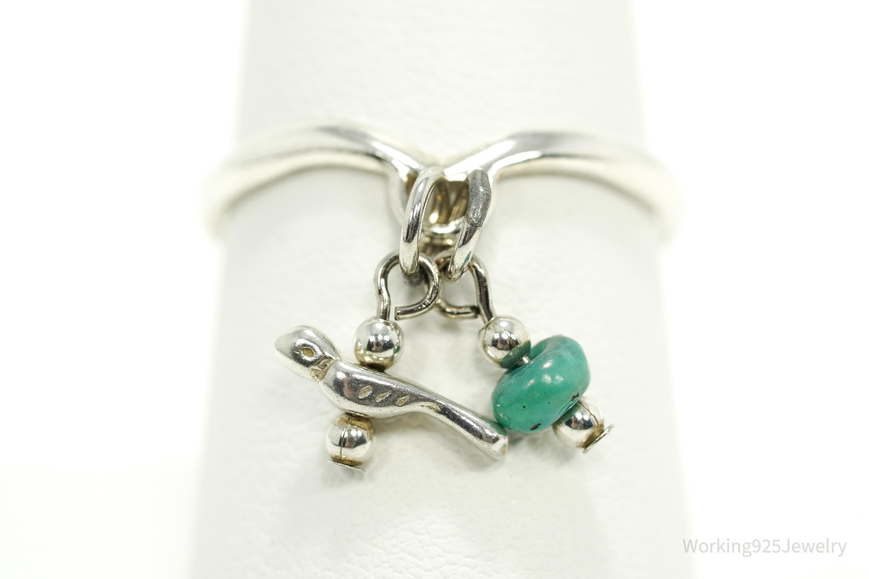 Vintage Native American Turquoise Nugget & Bird Charm Sterling Silver Ring - Size 9.25