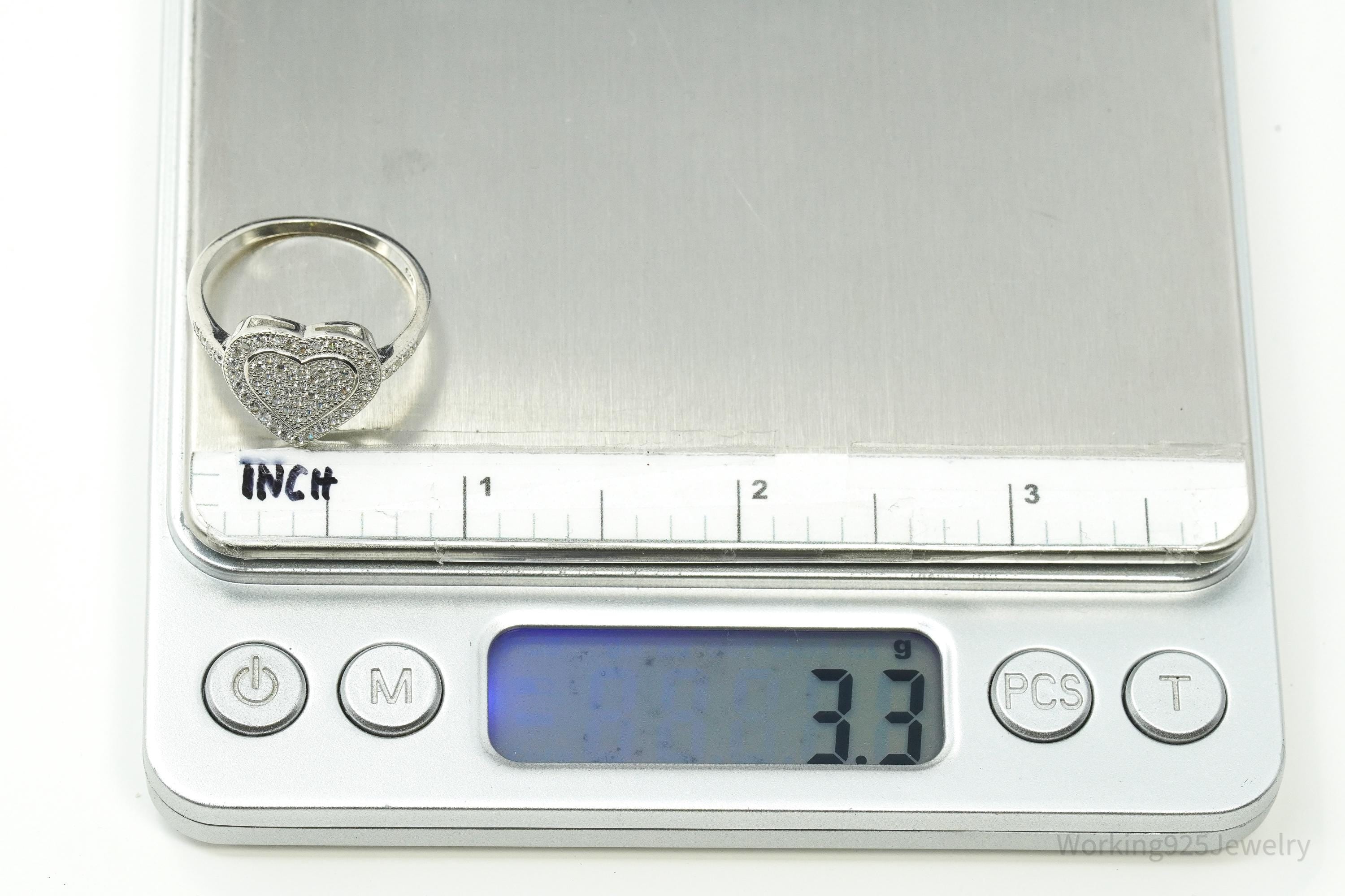 Vintage Cubic Zirconia Heart Sterling Silver Ring - Size 10.25