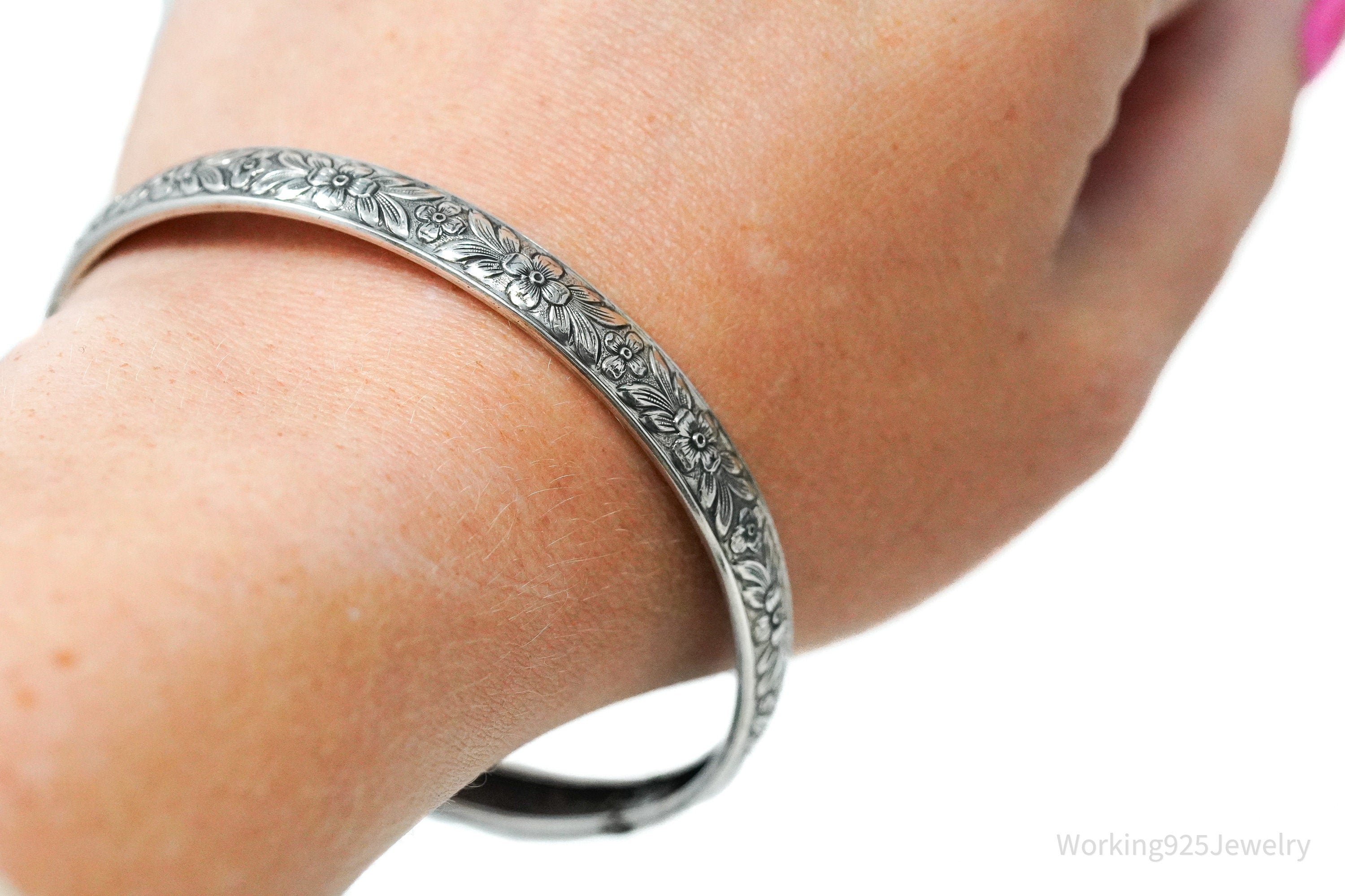 Antique Designer Lang Sterling Silver Floral Bangle Bracelet 8"