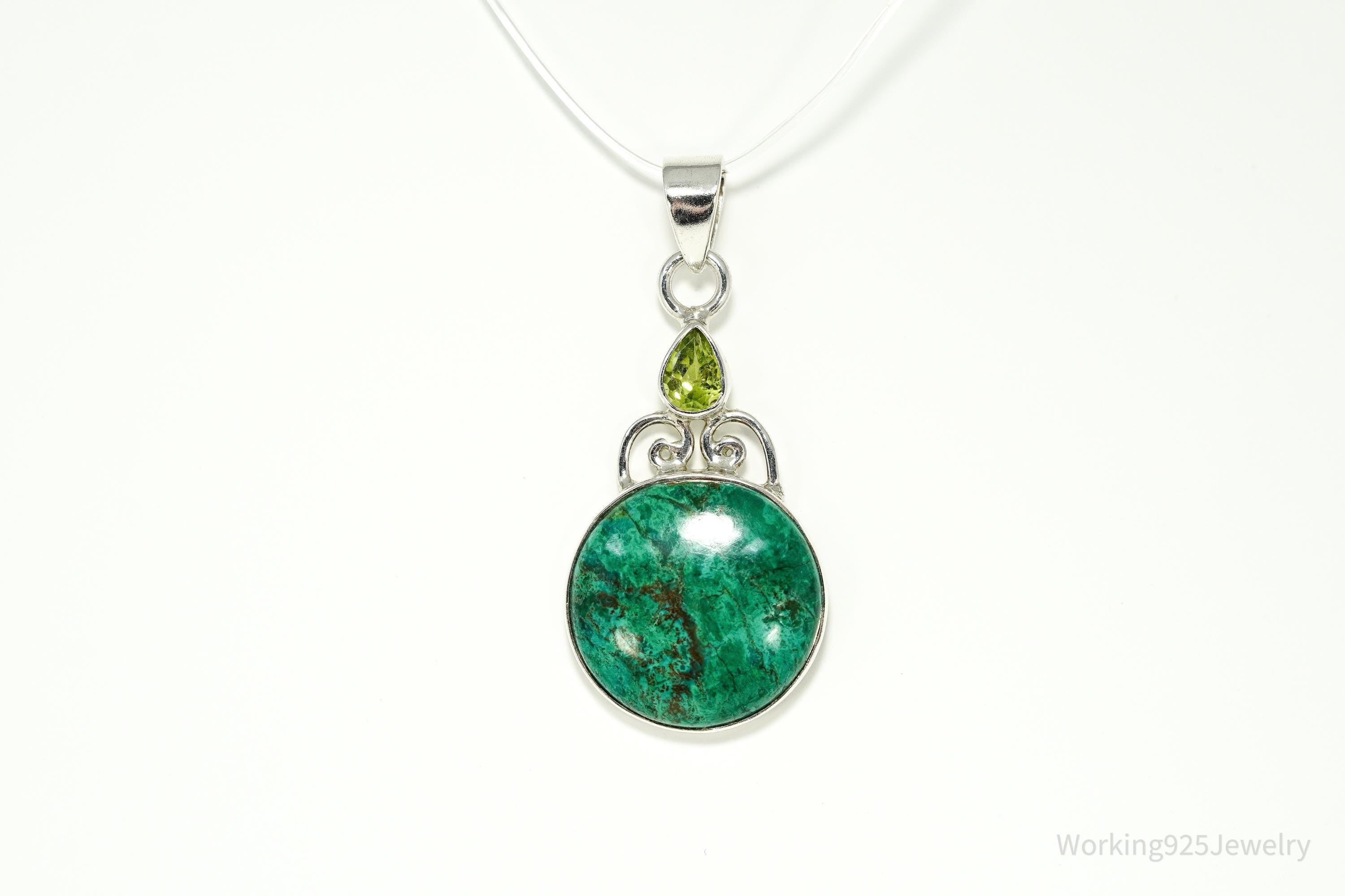Vintage Large Chrysocolla & Peridot Sterling Silver Pendant