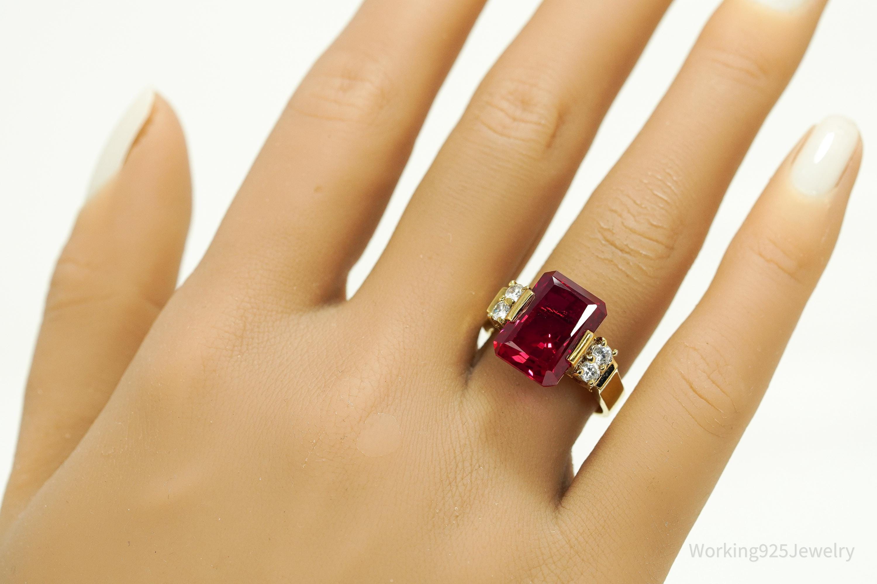 Vintage Ruby & Cubic Zirconia Gold Vermeil Sterling Silver Ring Size 8