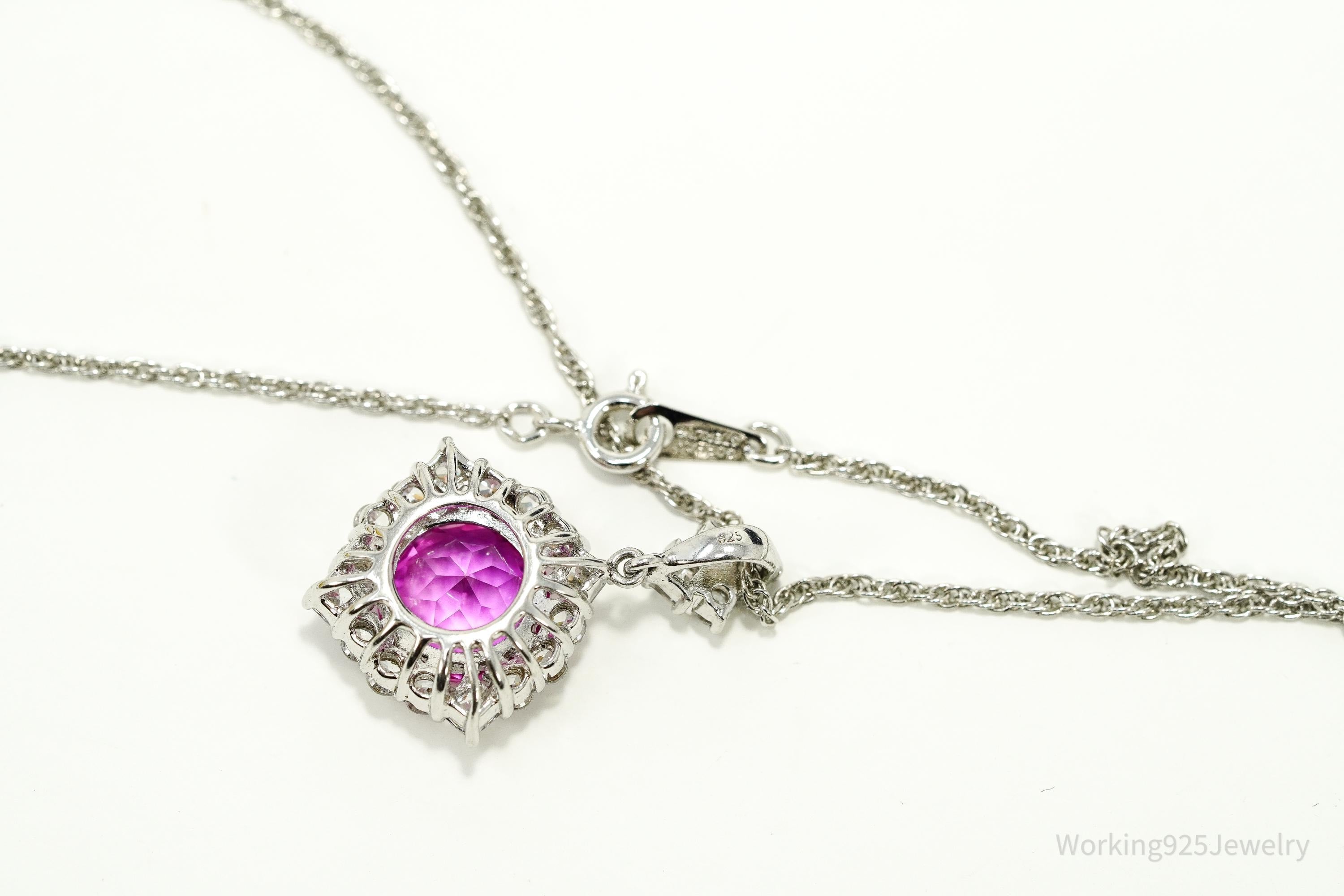 Vintage Synthetic Pink Sapphire & Cubic Zirconia Sterling Silver Necklace 18"