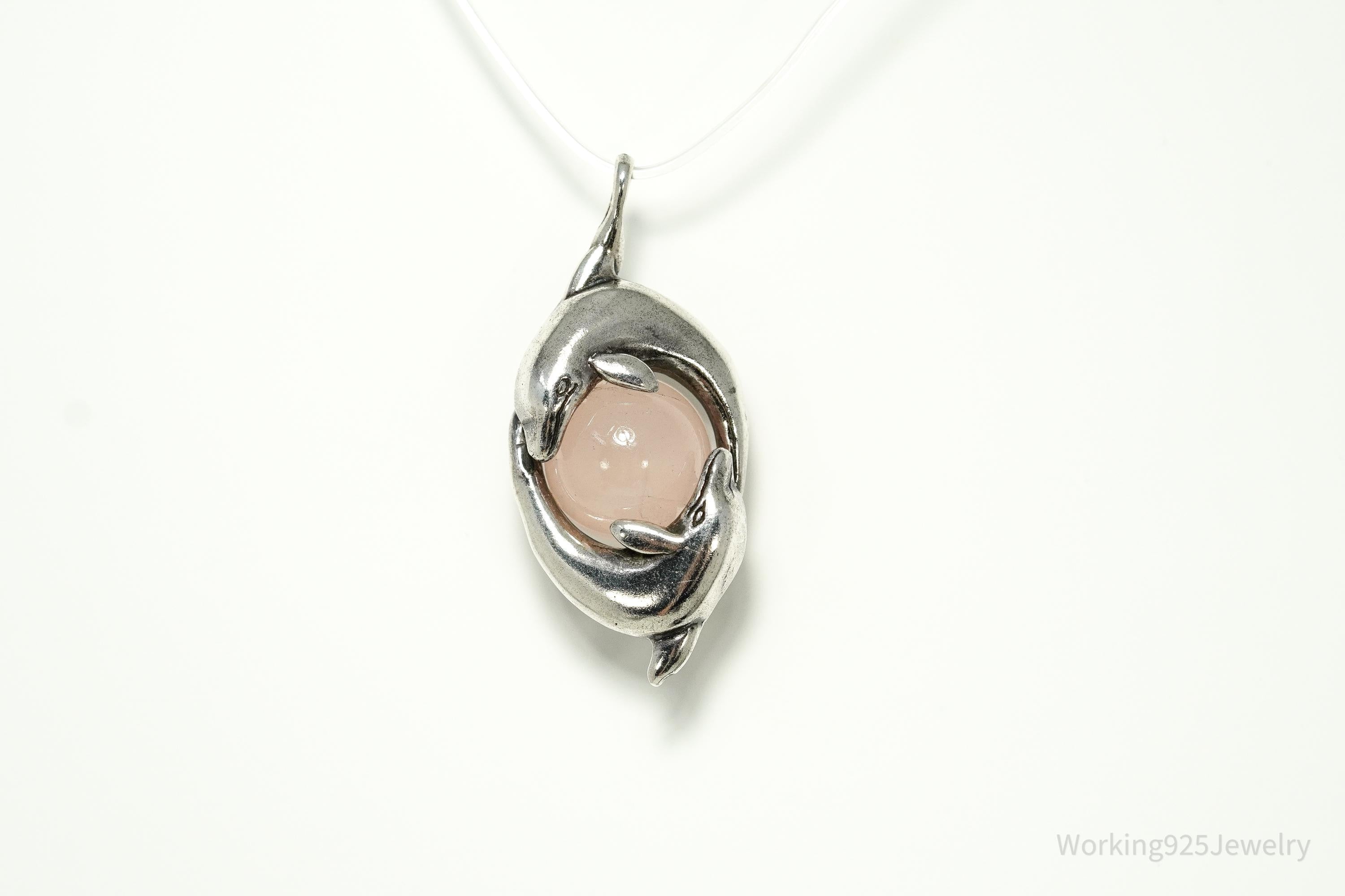 Vintage Rose Quartz & Dolphins Silver Necklace Pendant