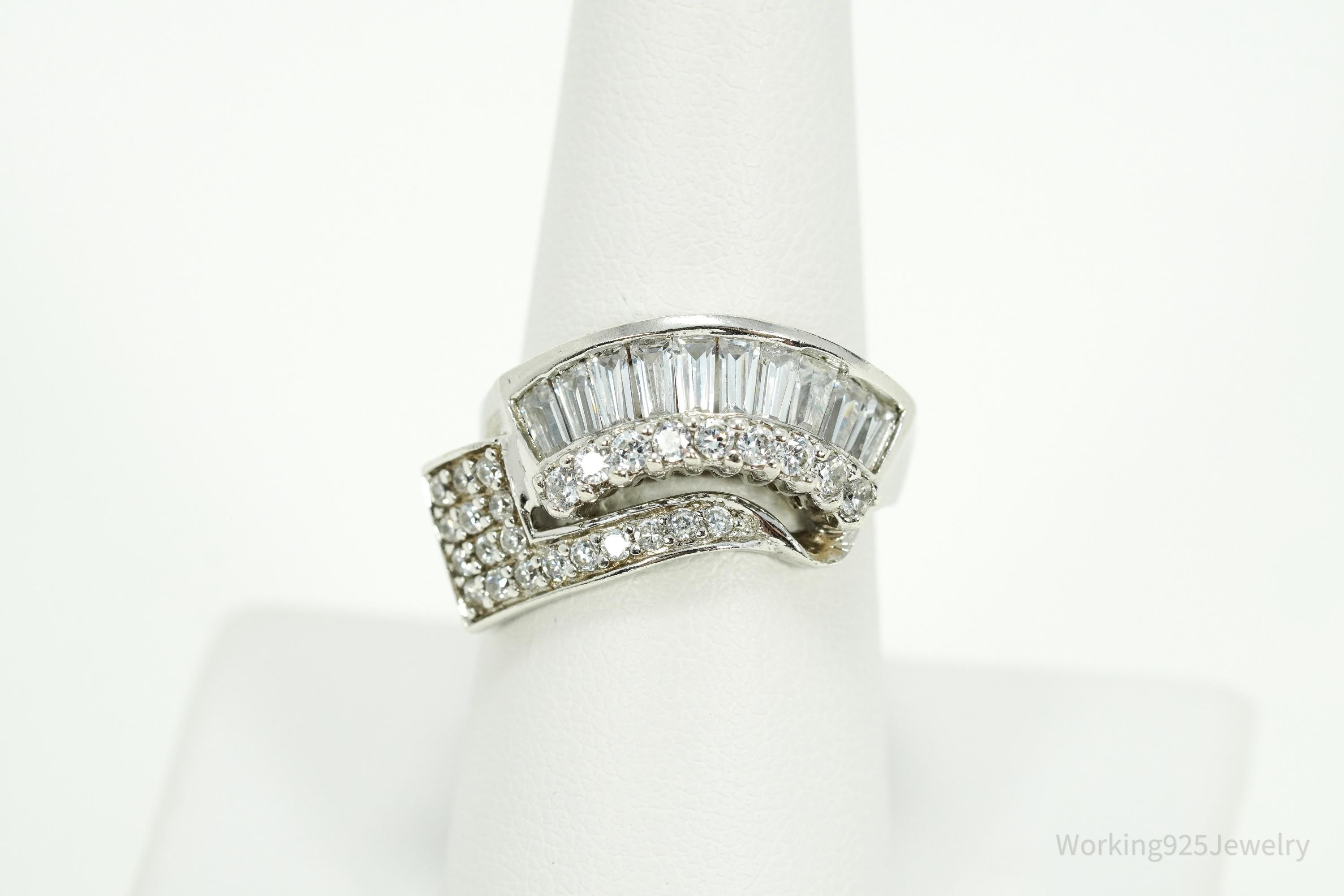 Vintage Cubic Zirconia Sterling Silver Statement Ring - Sz 7.5