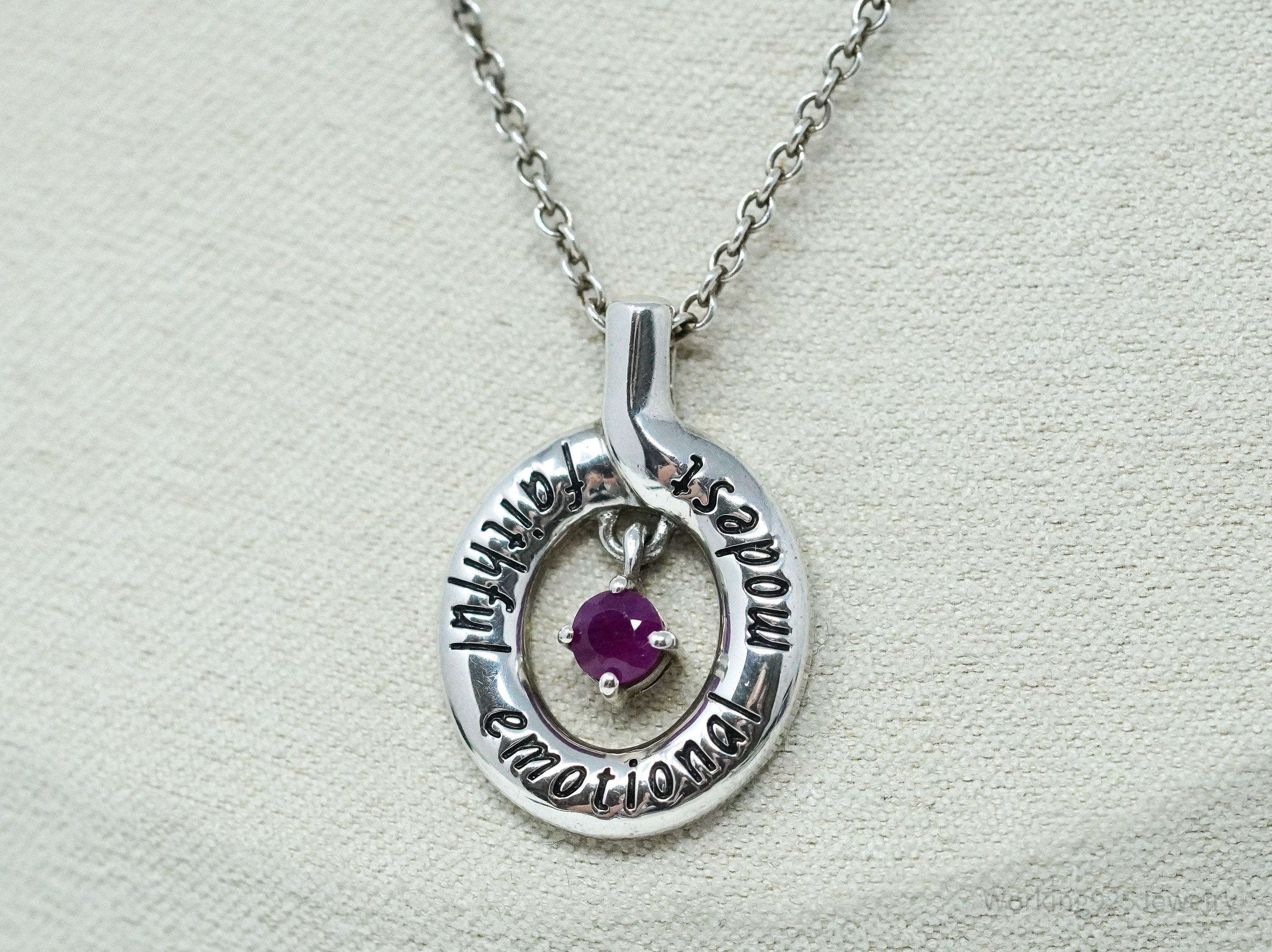 Vintage "Faithful Emotional Modest" Ruby Sterling Silver Necklace 18"