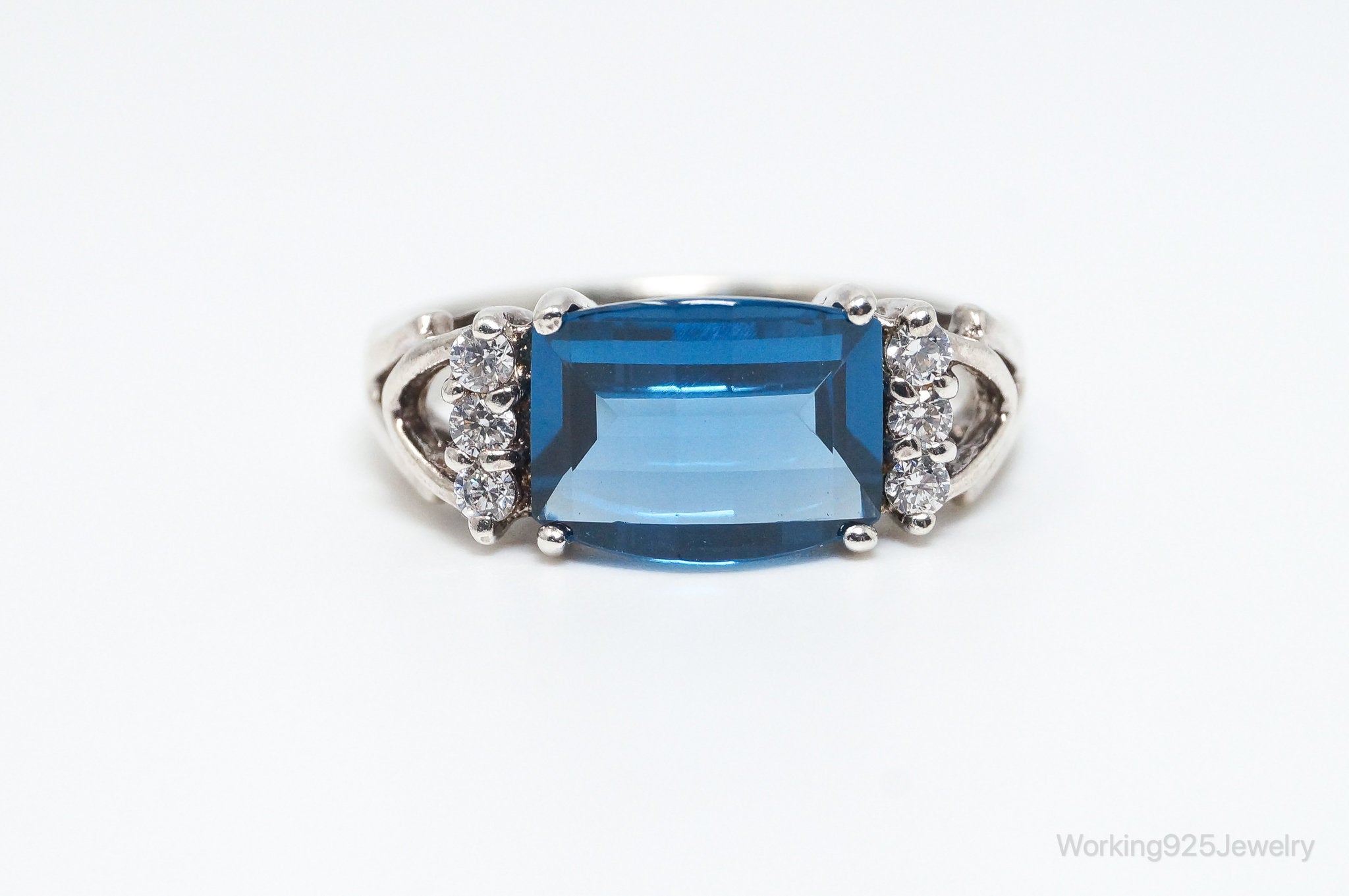 Vintage Art Deco Style Blue Diamonique Cubic Zirconia Sterling Silver Ring SZ 8